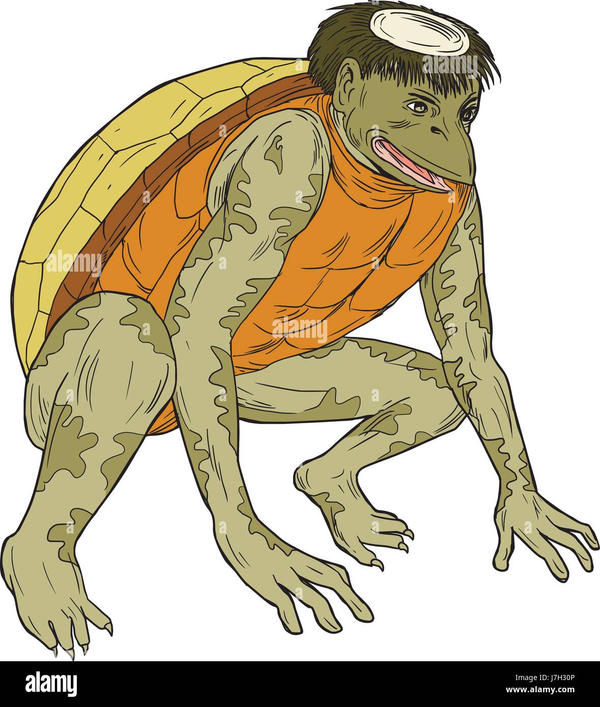 Style croquis dessin illustration d'un kawataro komahiki, kappa, ou kawatora, un démon yokai ou imp trouvés dans le folklore traditionnel japonais qui est hum Illustration de Vecteur