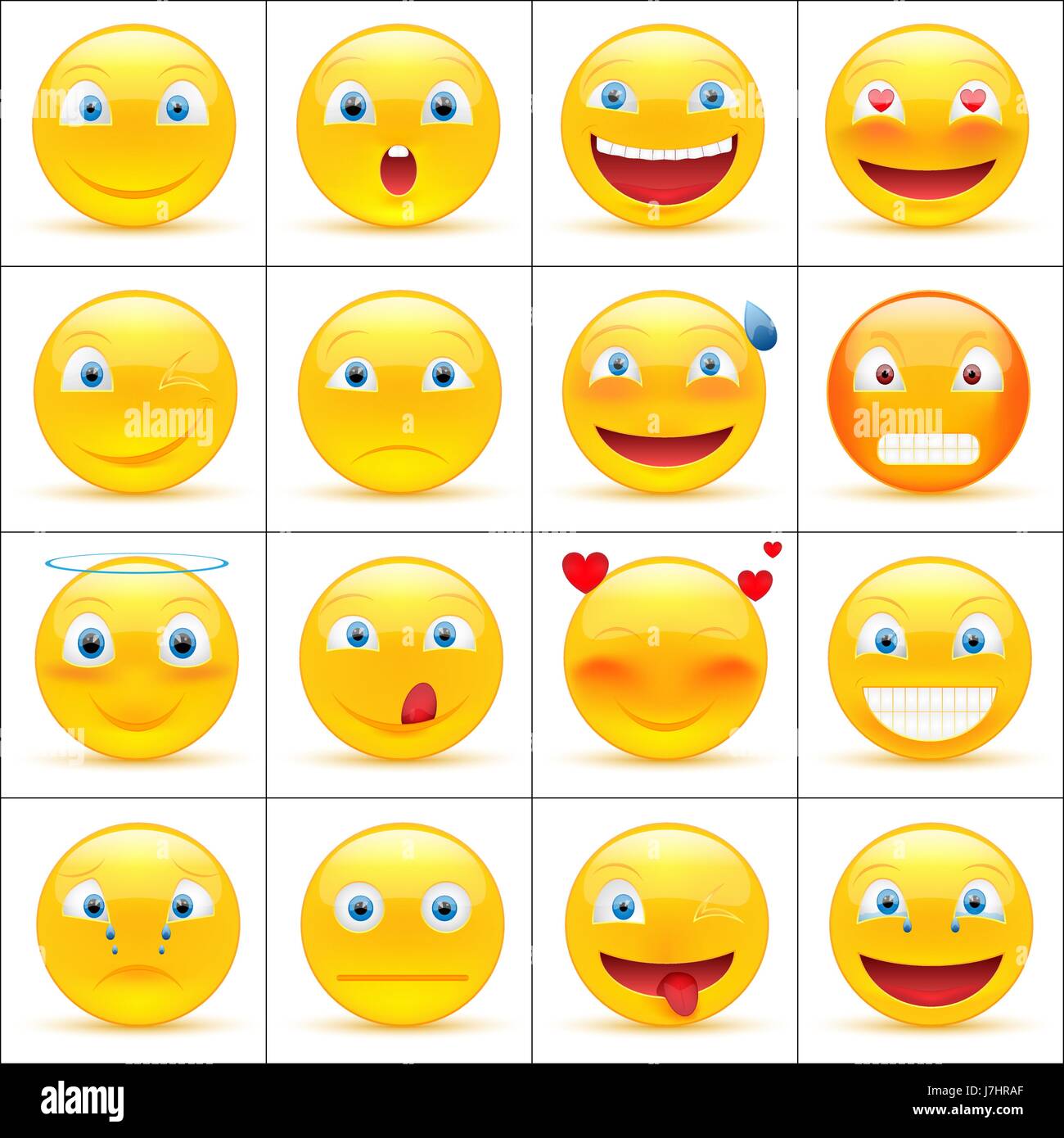 Ensemble d'émoticônes, smileys ou icônes emoji jaune avec différentes expressions du visage en 3D réaliste, brillant isolé sur fond blanc. Illustration de Vecteur