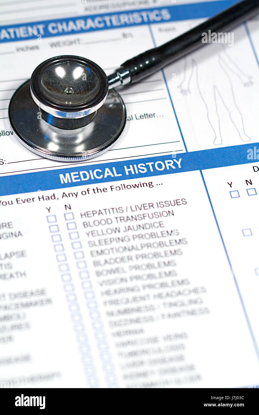 Antécédents médicaux en médecine santé maladie mesure appareil stéthoscope Banque D'Images