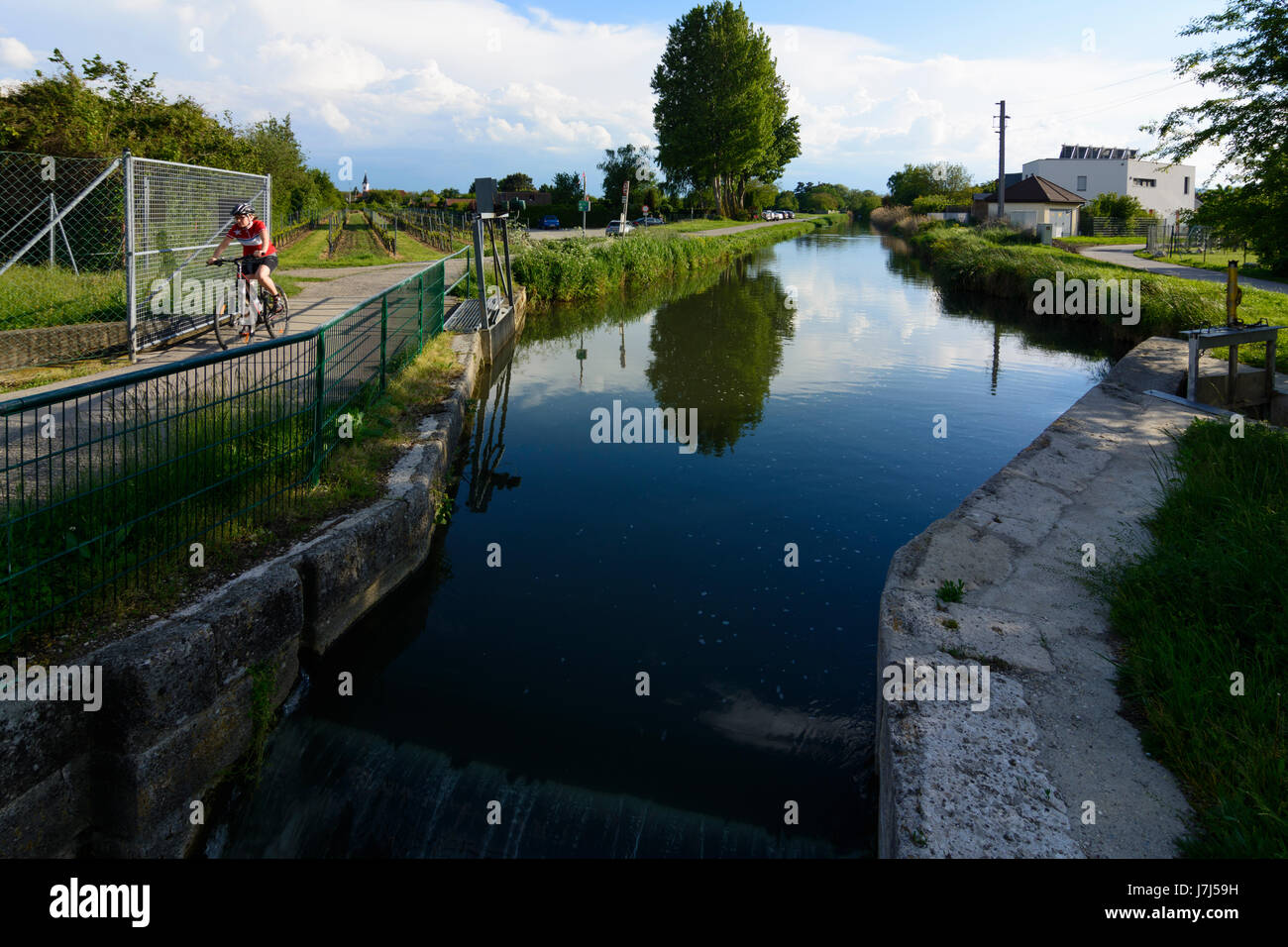 Wiener Neustädter Kanal (canal de Wiener Neustadt), chemin de randonnée à vélo, cycliste, Thermenradweg ancien Schleuse (lock), Stadttheater, Wienerwald, Bois de Vienne, Banque D'Images