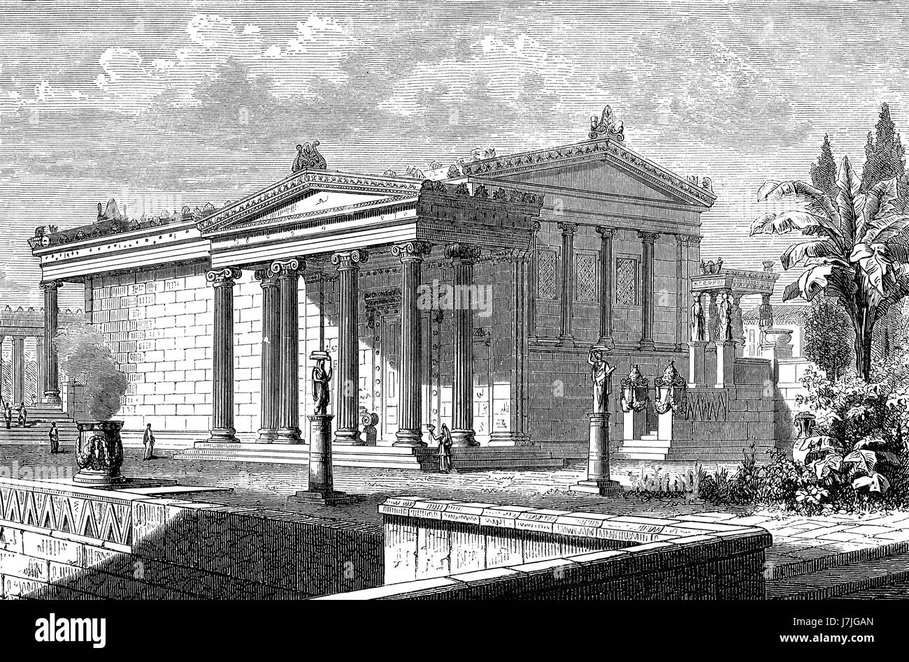 La reconstruction de l'Erechtheion ou Erechtheum, un ancien temple grec sur le côté nord de l'acropole d'Athènes en Grèce Banque D'Images