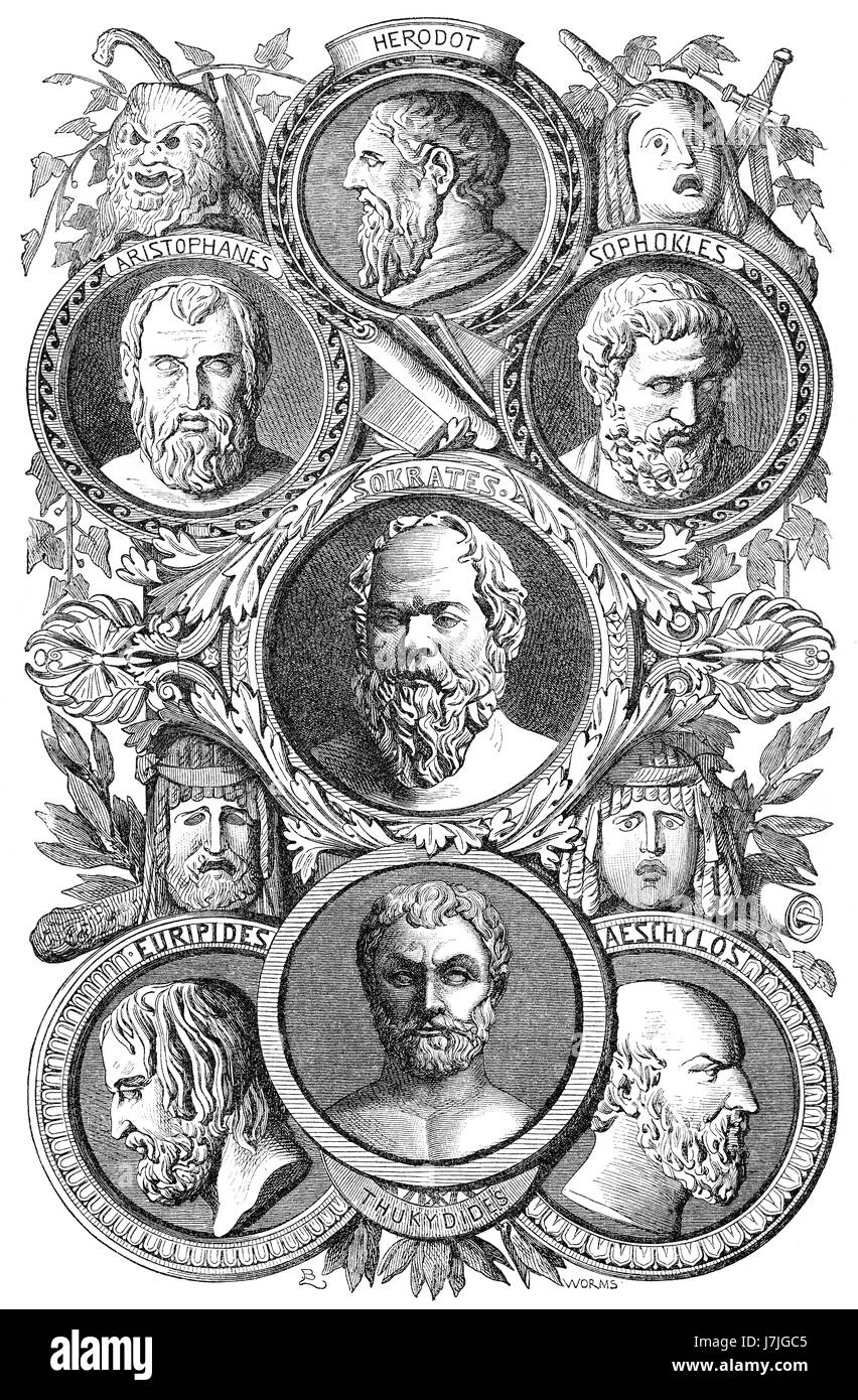 Sophokles, Eschyle, Hérodote, Socrate, Aristophane, Euripide, Thucydide, auteurs grecs classiques Banque D'Images