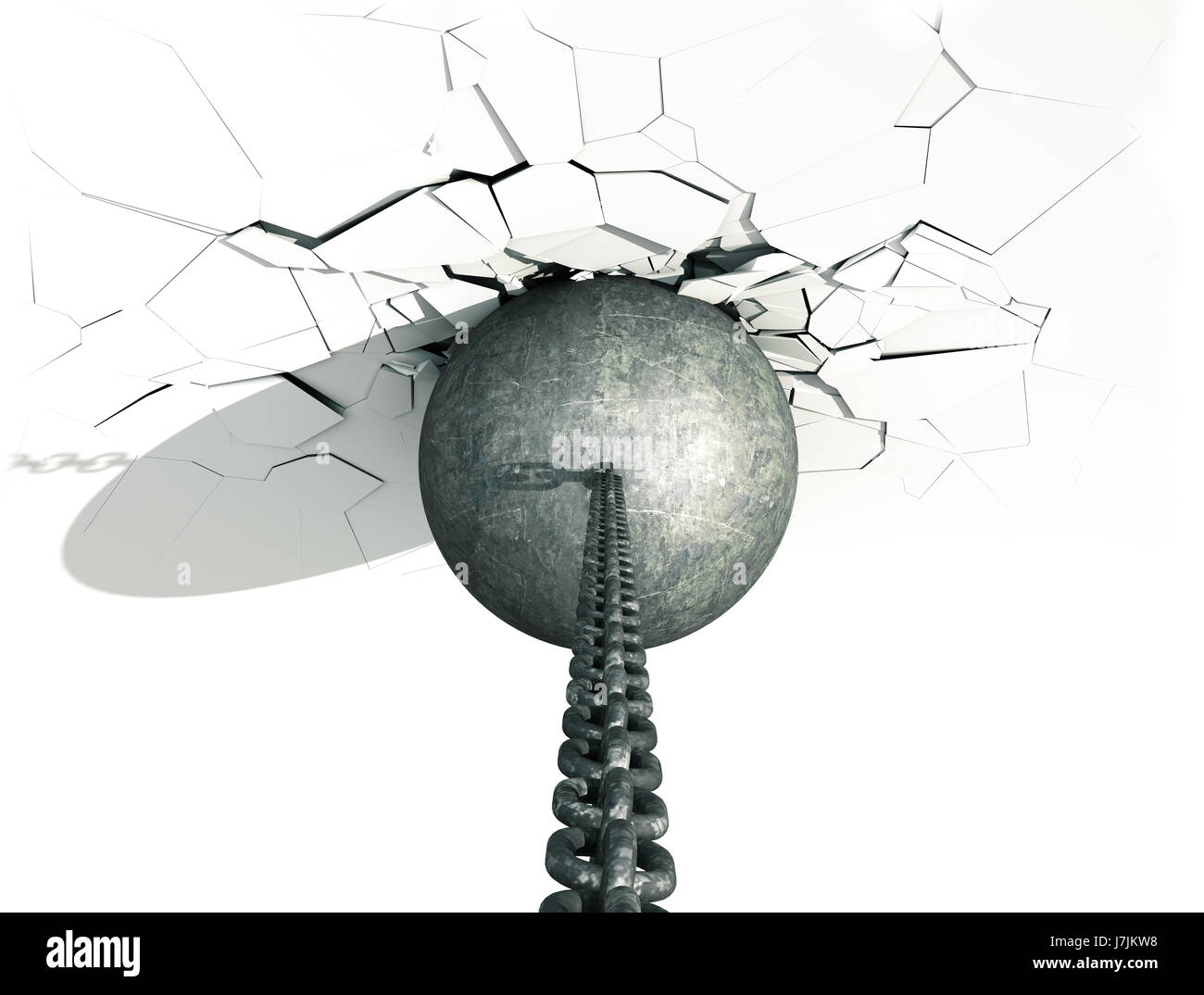 Wrecking Ball métallique brisant le mur blanc. Vue d'en haut. 3D Illustration. Banque D'Images
