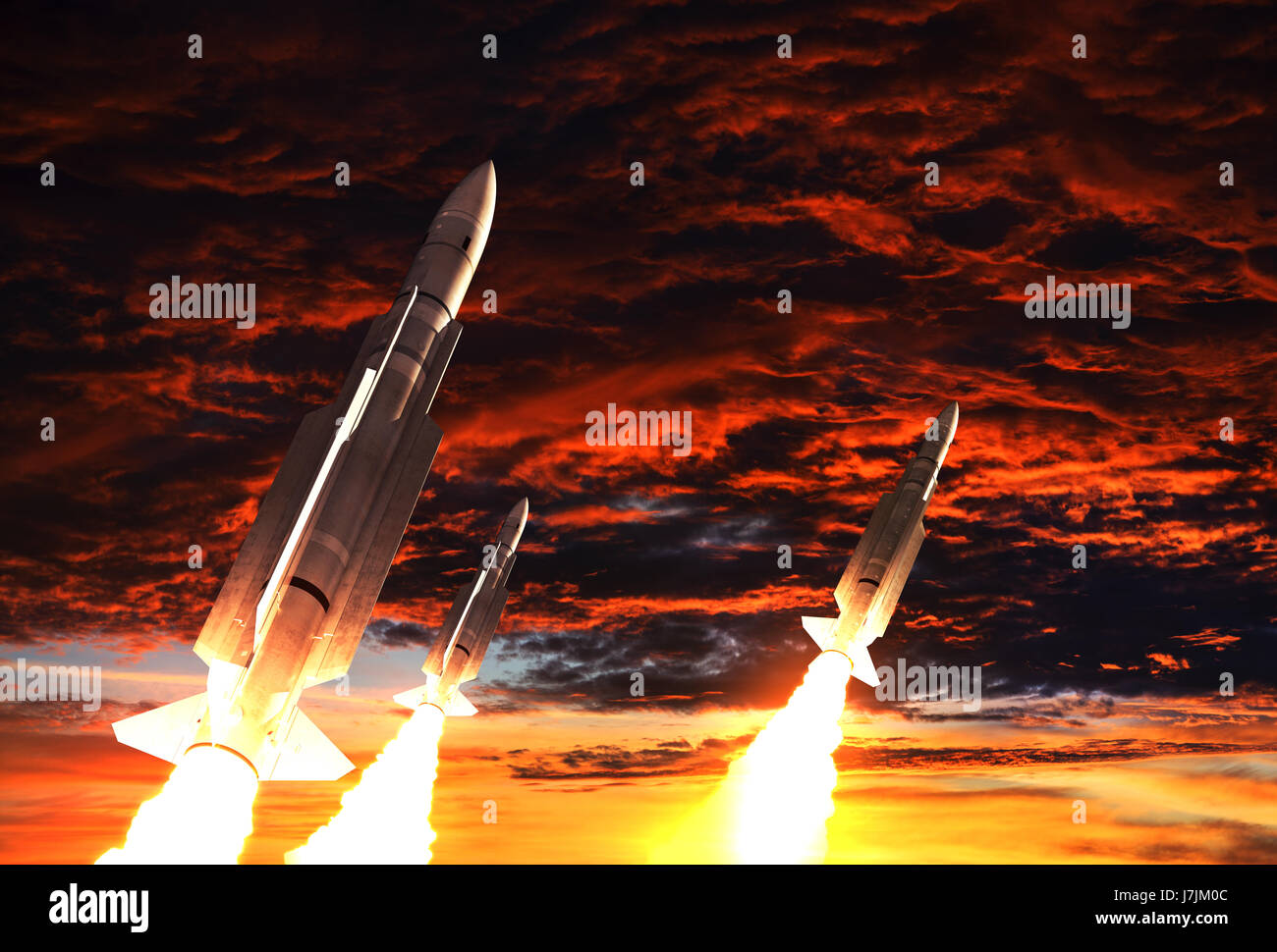 Trois roquettes prend son envol sur le fond de ciel apocalyptique. 3D Illustration. Banque D'Images