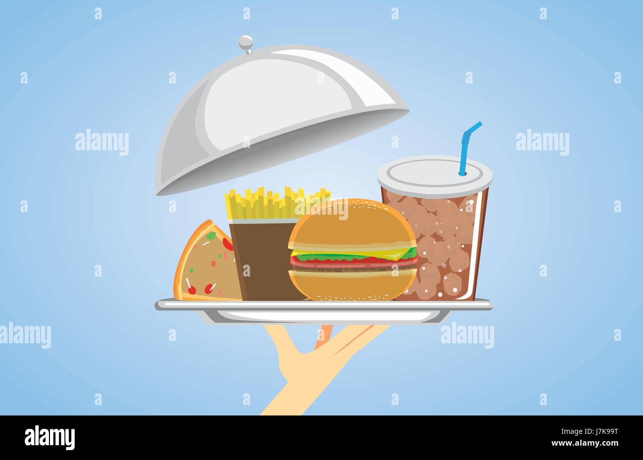 Main tenant un ensemble de fast food à plat en argent. Illustration à propos de la nourriture américaine. Illustration de Vecteur