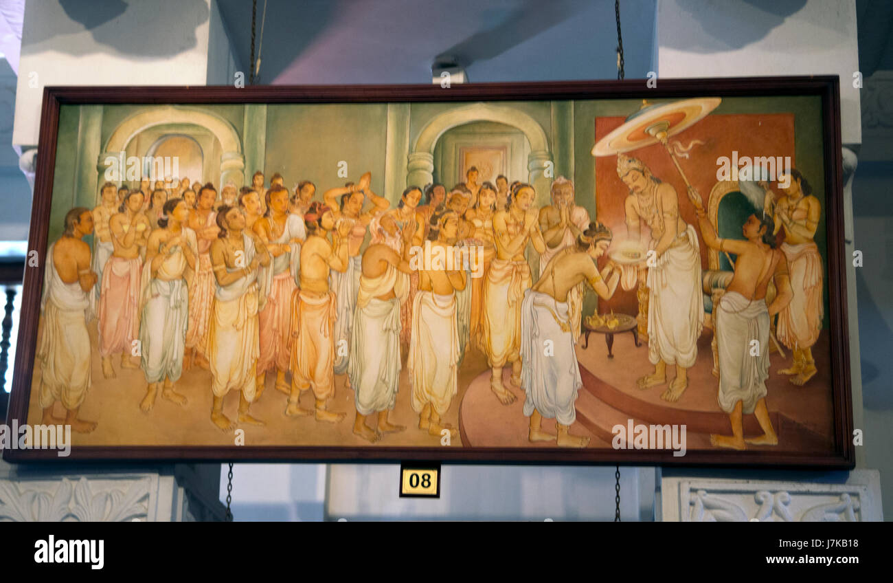 Kandy au Sri Lanka Temple de la dent Sri Dalada peinture Musée de l'histoire de la Dent sacrée - Roi Guhasiva ayant obtenu la relique dos Prince Dantha le gardien de la relique de la dent après faisant de lui son fils en lui donnant droit au mariage de la princesse Hemamali Banque D'Images