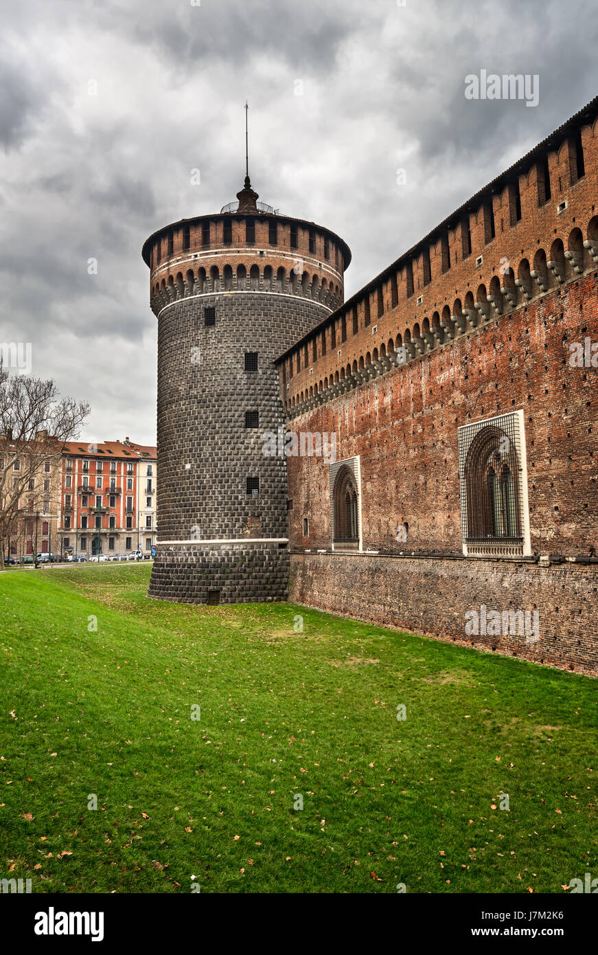 Le mur extérieur du Château Sforzesco (Château des Sforza) à Milan, Italie Banque D'Images