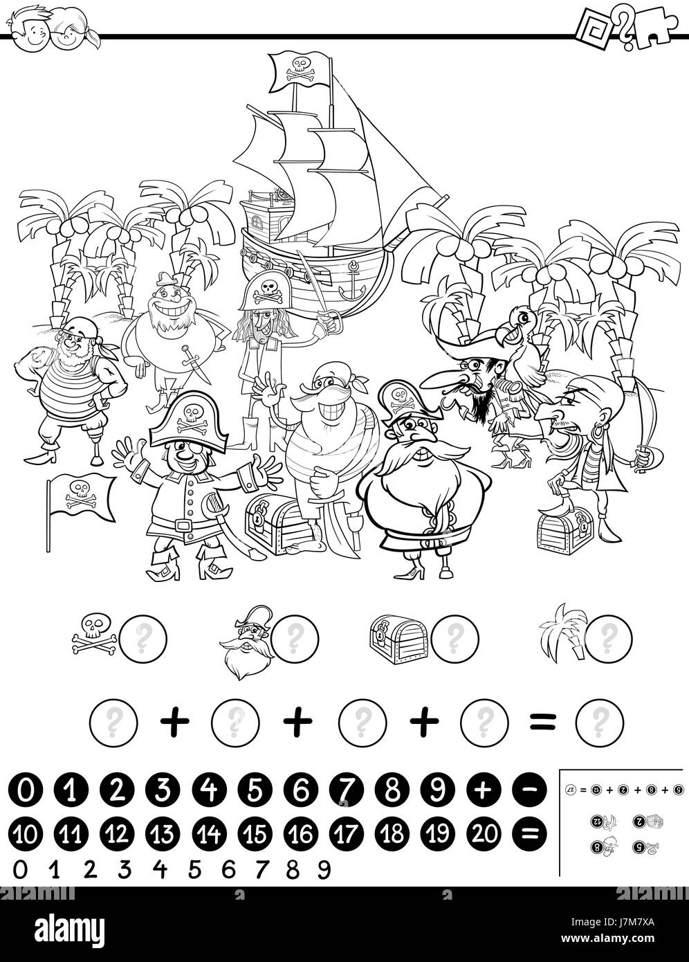 Illustration Cartoon noir et blanc d'activité mathématique jeu pour les enfants avec des caractères Pirate Coloriage Illustration de Vecteur