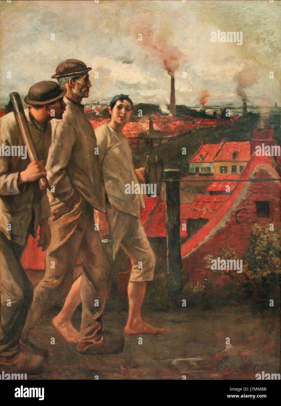 Tableau de Constantin Meunier représentant le retour des mineurs des mines. Cette œuvre capture le bilan physique et le parcours émotionnel des travailleurs, mettant en valeur leur dur labeur et les conditions sociales et économiques de l'ère industrielle en Europe. Banque D'Images