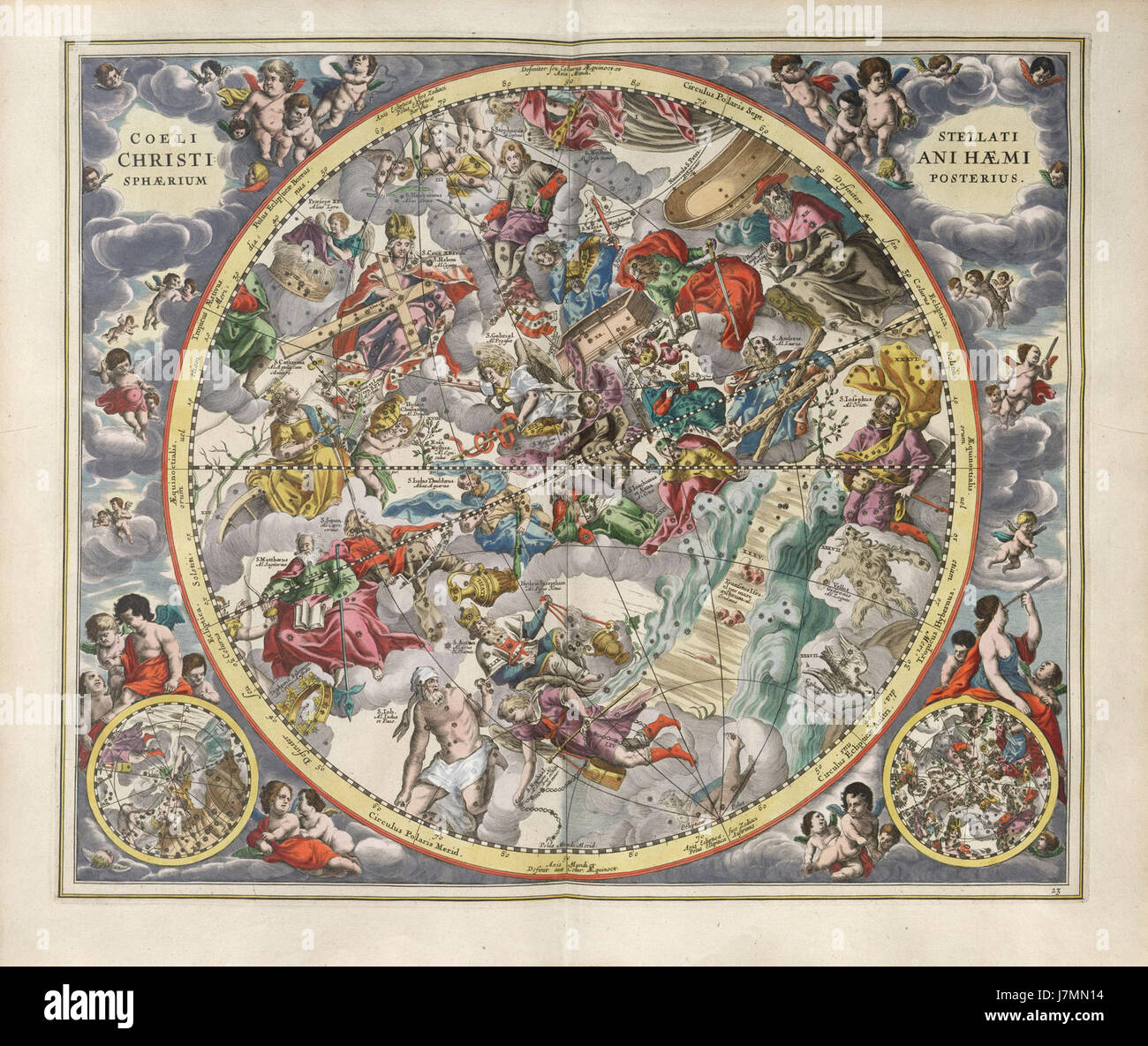 Harmonia Macrocosmica est un atlas astronomique du XVIIe siècle réalisé par Andreas Cellarius. Il contient des cartes et des diagrammes célestes, avec cette section particulière se concentrant sur les constellations d'étoiles chrétiennes et la sphère céleste. Banque D'Images