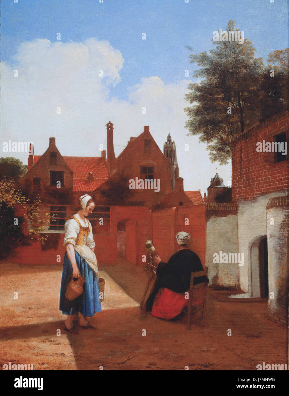 Cette peinture, « Une cour à Delft », de Pieter de Hooch, représente une femme qui tourne dans un cadre domestique paisible. Il capture l'élégance tranquille de la vie hollandaise du XVIIe siècle, mettant l'accent sur les activités quotidiennes et l'utilisation de la lumière pour rehausser l'atmosphère de la scène. Banque D'Images