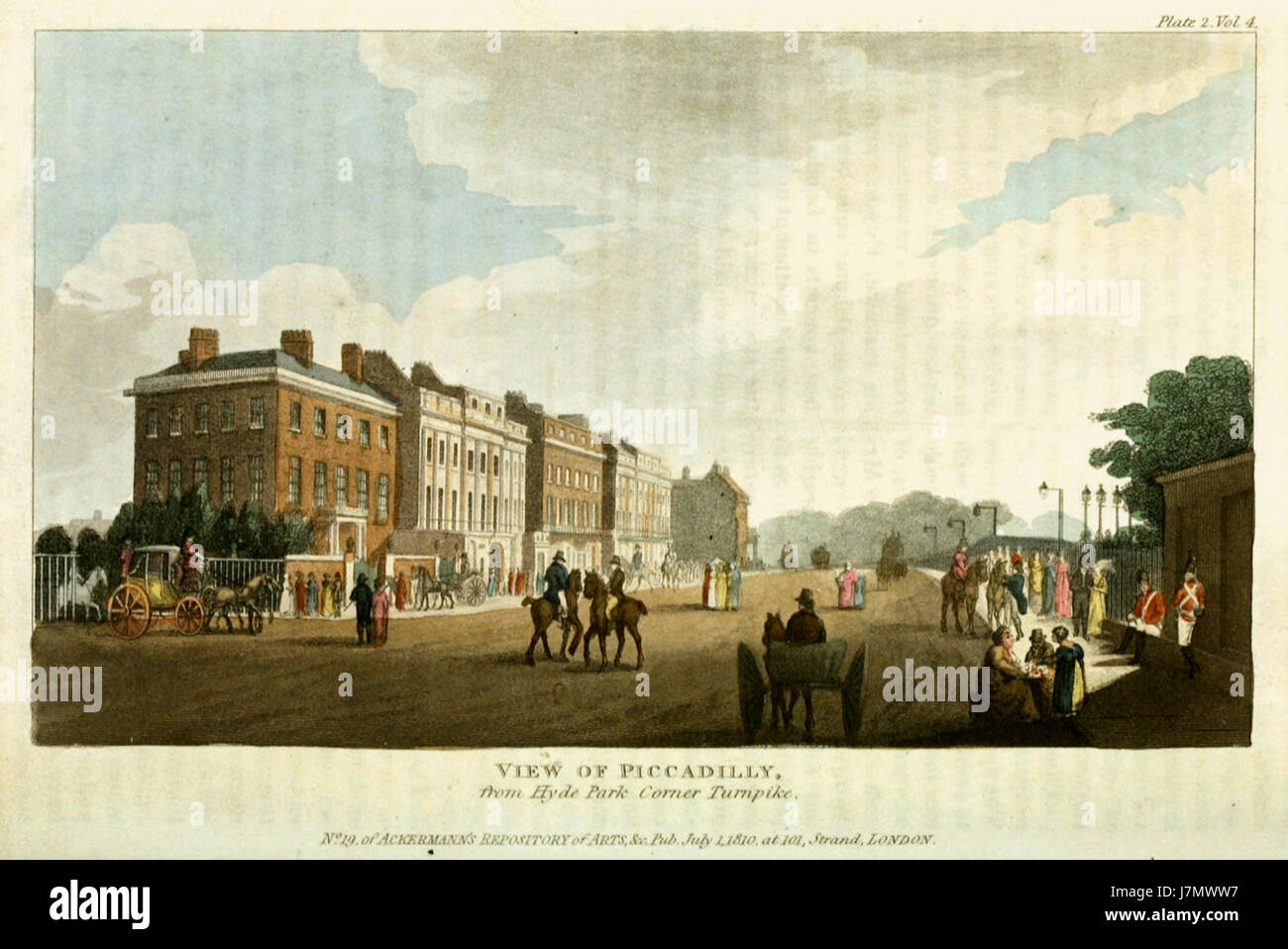 Cette image montre une vue du XIXe siècle de Piccadilly depuis Hyde Park Corner, capturée en 1810. L'illustration, extraite du dépôt Ackermann, donne un aperçu des rues animées de Londres au début des années 1800, mettant en valeur les détails architecturaux et la vie urbaine animée. Banque D'Images