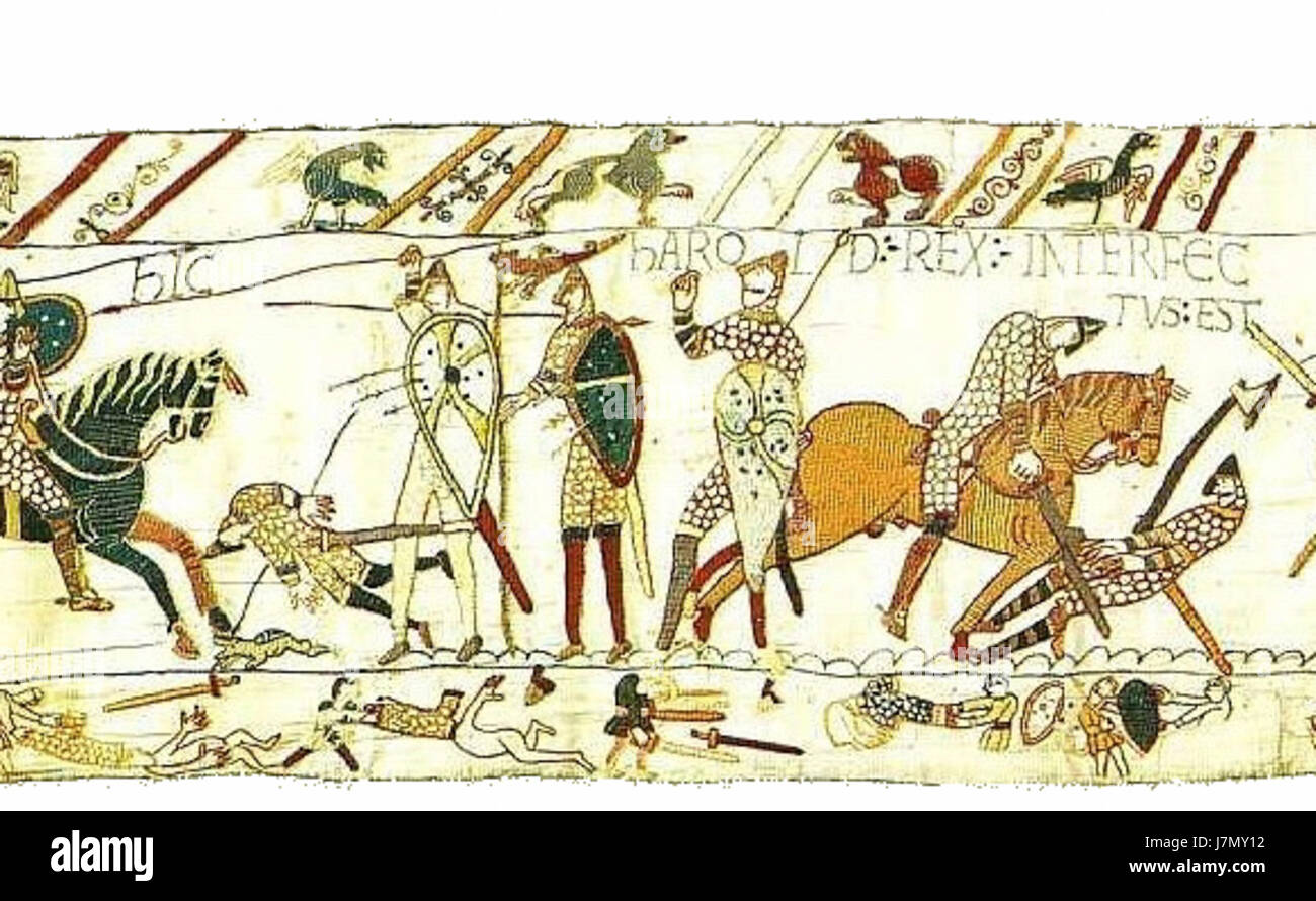 La scène de tapisserie de Bayeux 571 représente un moment important de la conquête normande de l'Angleterre. Il illustre la bataille entre les Anglo-Saxons et les Normands, capturant les tactiques militaires, les armures et les armes de l'époque. La tapisserie est un artefact historique crucial, offrant un aperçu de la guerre médiévale et du climat politique de l'époque. Banque D'Images