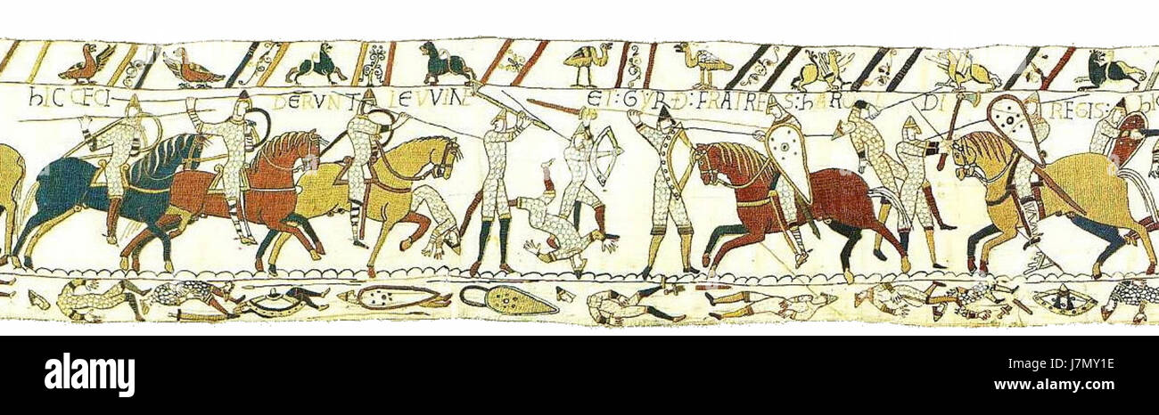 La scène 52b de la tapisserie de Bayeux représente un moment clé de la bataille de Hastings, mettant en évidence le conflit entre les Anglo-Saxons et les Normands, un événement charnière dans l'histoire anglaise. Banque D'Images