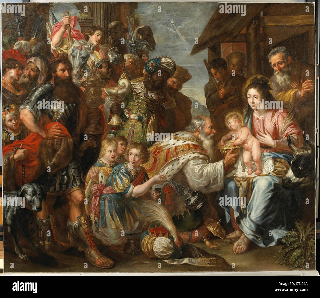 « Adoration des Mages » de Pieter van Lint est une peinture baroque représentant la visite des trois Rois au nouveau-né Jésus. Il reflète la maîtrise de van Lint de l'art religieux au XVIIe siècle. Banque D'Images