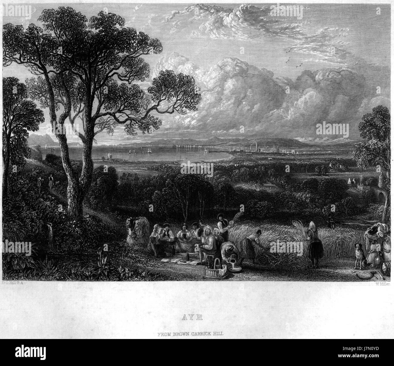 Cette gravure, « Ayr from Brown Carrick Hill », a été créée par William Miller d'après D.O. Hill, représentant la ville écossaise d'Ayr depuis un point de vue panoramique sur Brown Carrick Hill. Banque D'Images