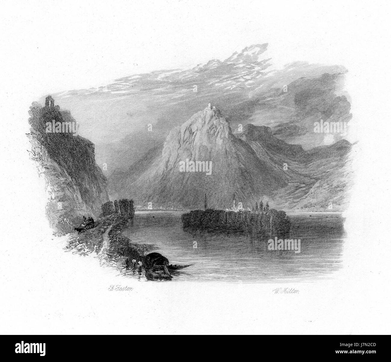 On the Drachenfels est une gravure de William Miller, basée sur une œuvre de Birket Foster. La pièce représente la pittoresque montagne Drachenfels en Allemagne, capturant la beauté naturelle et la vue depuis sa crête au XIXe siècle. Banque D'Images