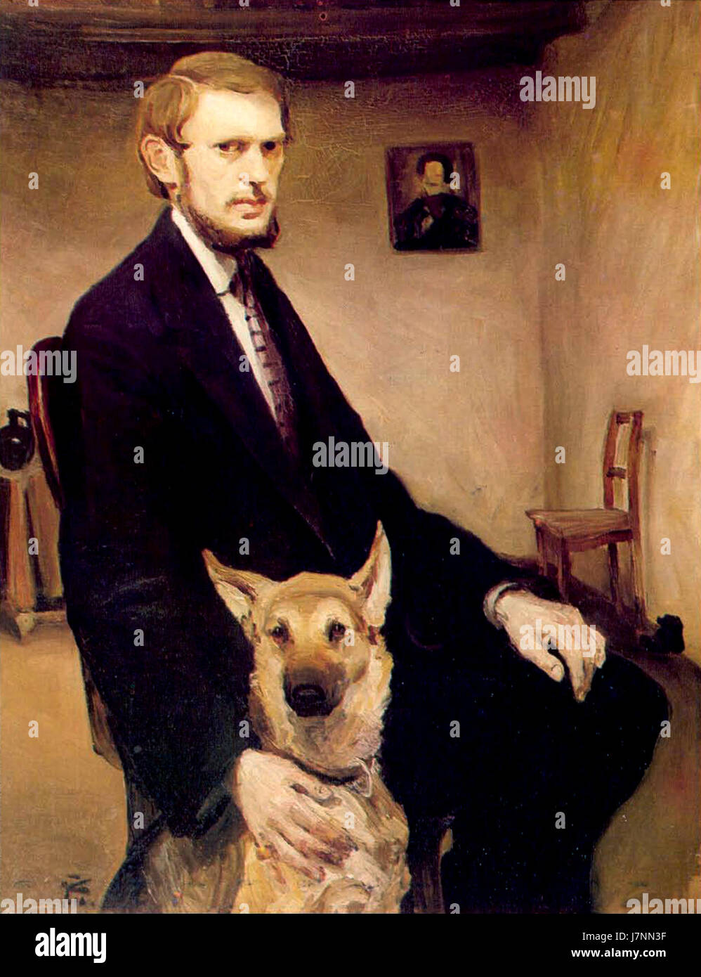 Autoportret sa psom (Autoportret sa psom) de Miroslav Kraljević de 1910 est une peinture à l'huile remarquable reflétant l'auto-réflexion de l'artiste et l'utilisation d'images symboliques, installée dans la Moderna Galerija à Zagreb. Banque D'Images