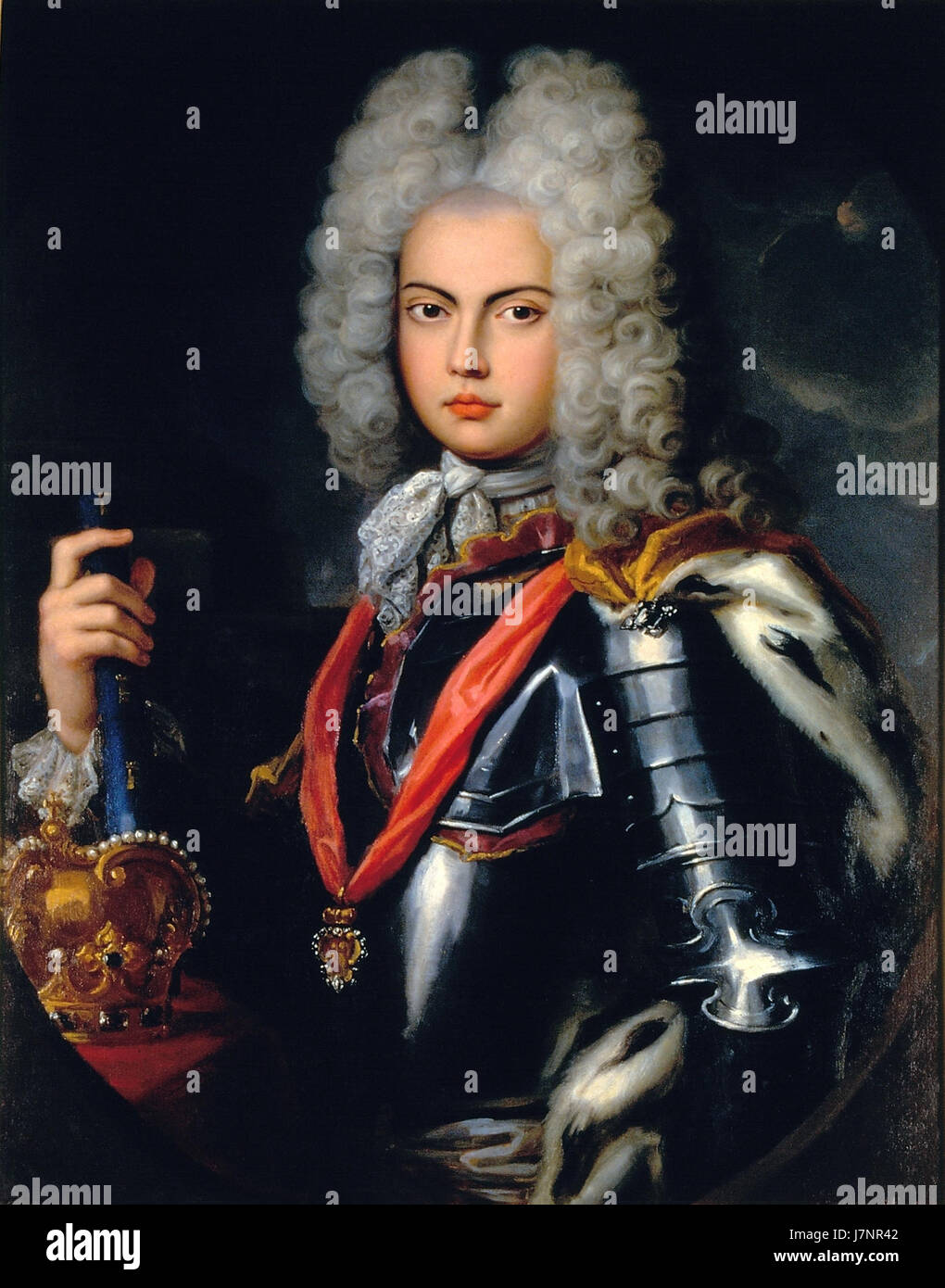 Ce portrait de Jean V de Portugal, peint par Pompeo Batoni, représente le monarque portugais pendant son règne au XVIIIe siècle. Le travail de Batoni capture la présence royale et l'influence du roi dans la politique européenne à l'époque. Banque D'Images