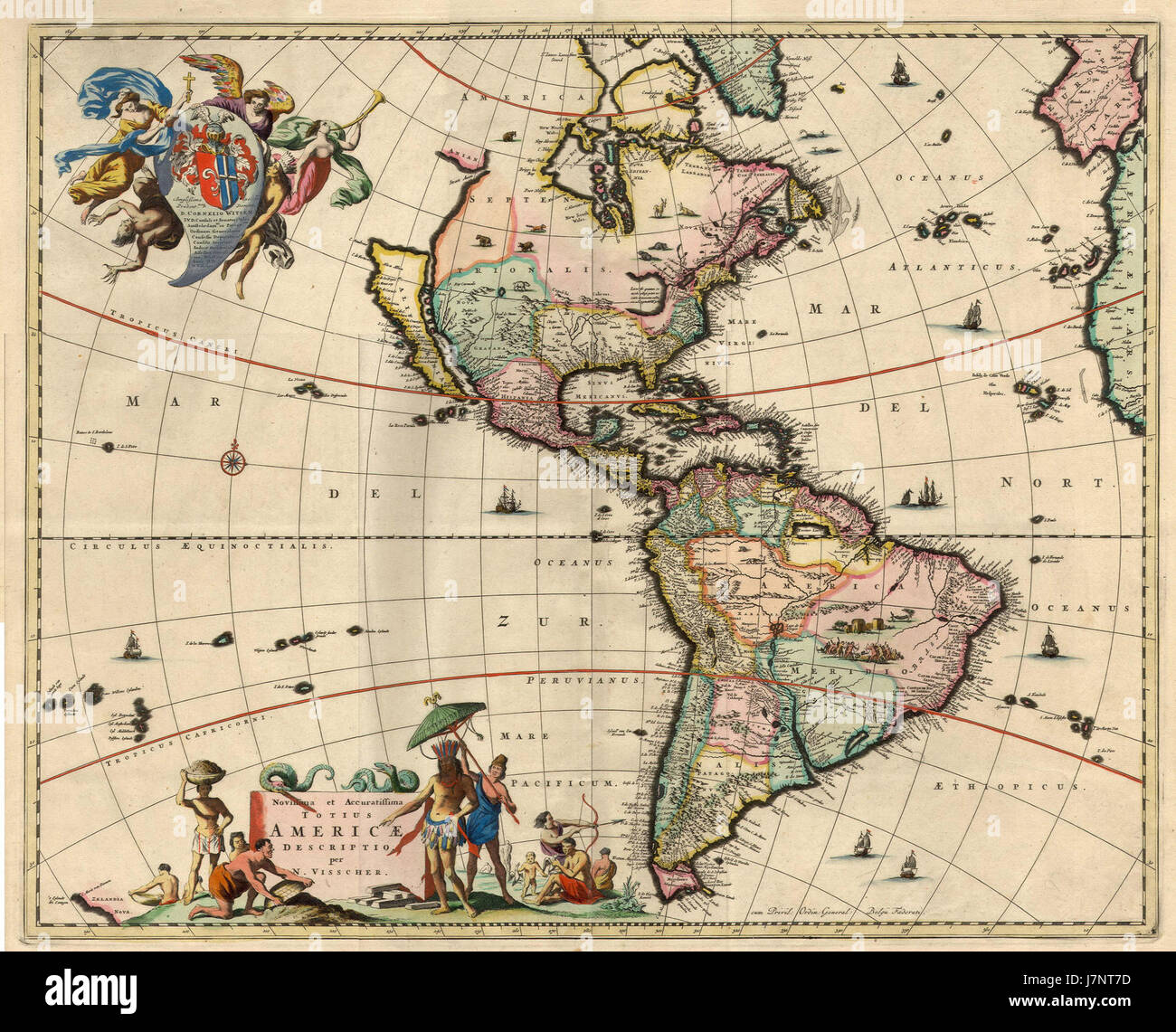 '1670 America Visscher' fait référence à une carte historique des Amériques créée par le cartographe néerlandais Nicolaes Visscher en 1670, fournissant une représentation détaillée du Nouveau monde au XVIIe siècle. Banque D'Images