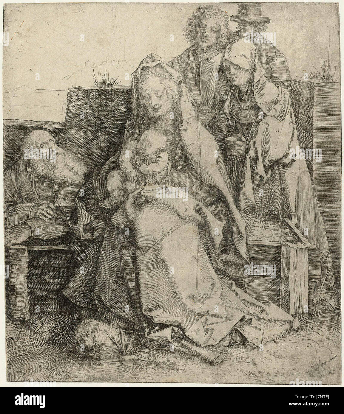 Cette œuvre met en vedette la Sainte famille ainsi que des figures de membres Jean, Marie-Madeleine et Nicodème, probablement une peinture religieuse qui capture une scène biblique importante de la tradition chrétienne. Banque D'Images