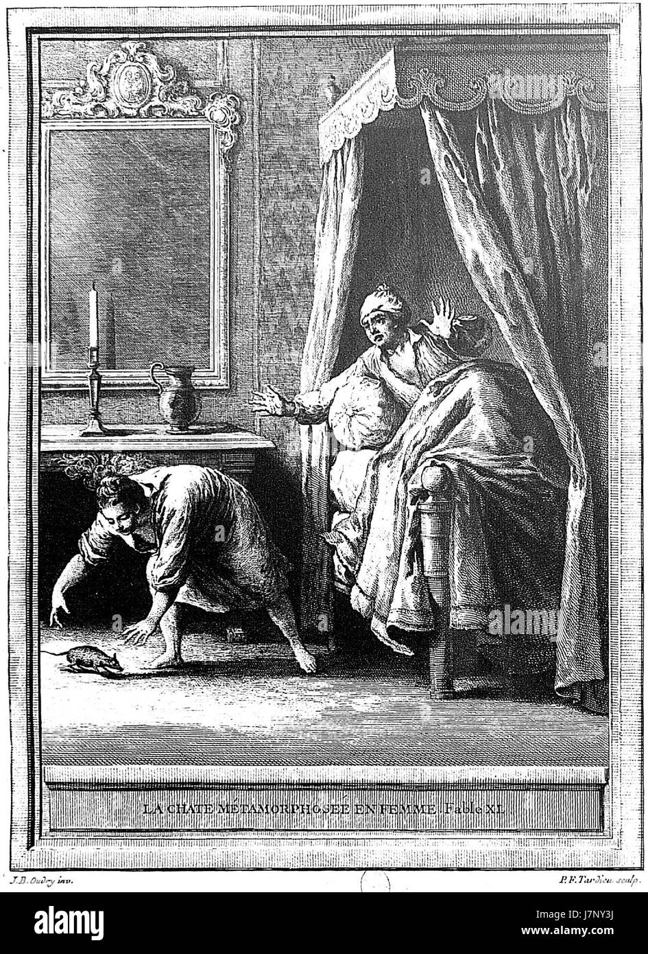 Cette œuvre représente la transformation d’un chat en femme, illustrant un thème de métamorphose. La pièce joue avec des éléments de fantaisie et de surréalisme, créant une représentation imaginative et symbolique. Banque D'Images