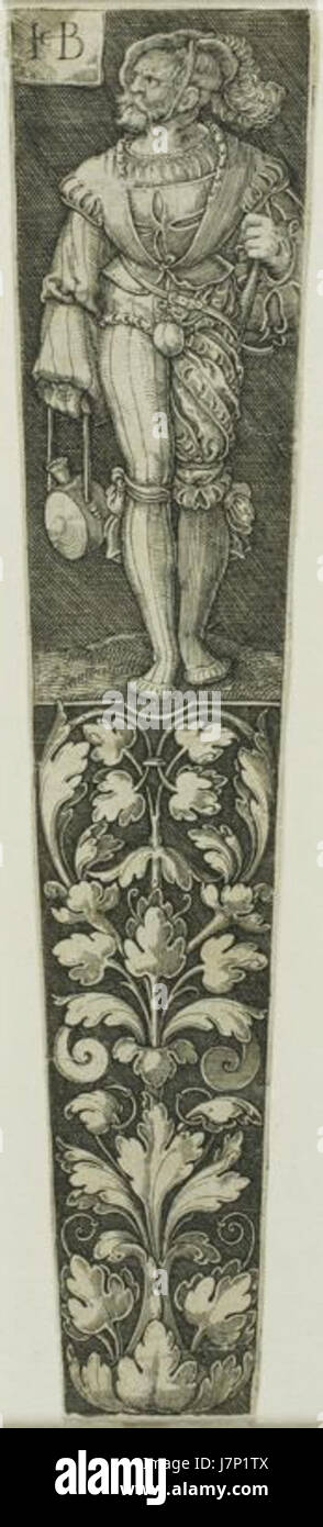 La gaine de poignard, attribuée à Jakob Binck, présente une image d'un Lansquenet, un type de mercenaire soldat du XVIe siècle. Cette pièce d'armure et d'art reflète l'histoire militaire et culturelle de l'époque. Banque D'Images