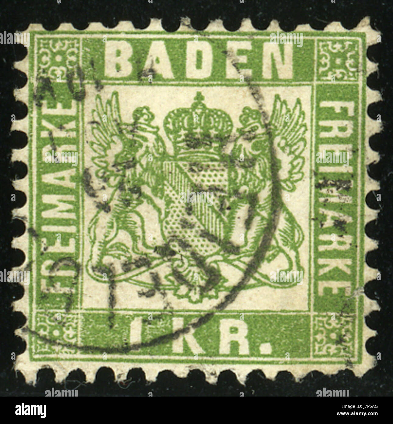 Un timbre à 1868 de Baden, Allemagne, montrant la dénomination de 1 couronne et peut-être lié à l'histoire postale et à la philatélie de la région. Banque D'Images