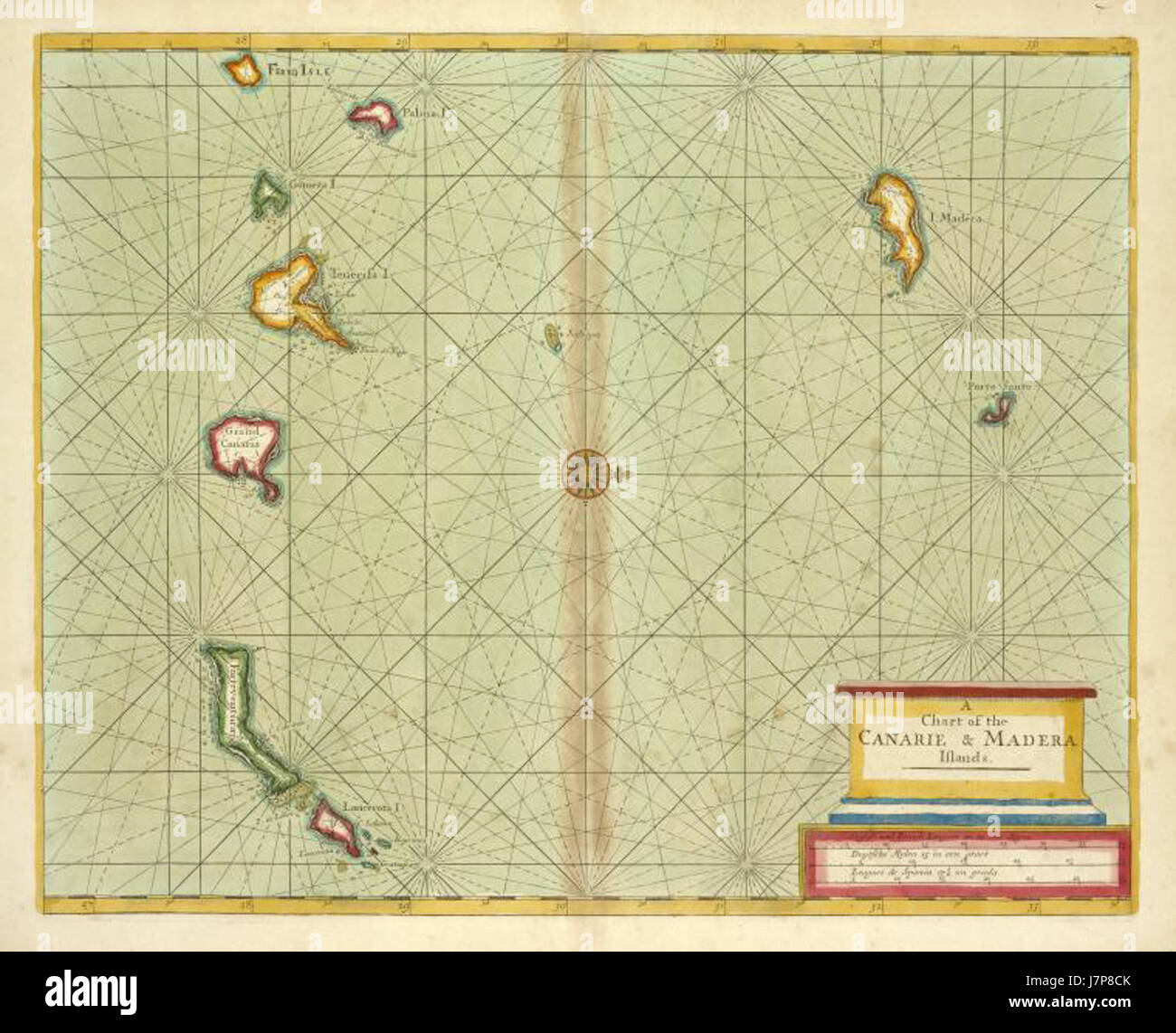 Cette carte fait probablement référence à une carte ou représentation nautique des îles Canaries et Madère, créée entre 1702 et 1707, fournissant des détails géographiques historiques des îles. Banque D'Images