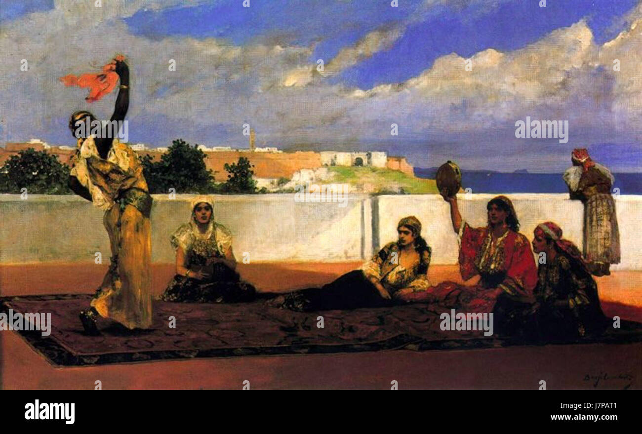 La peinture de Benjamin Jean Joseph constant, « la danse au Foulard », capture un danseur se produisant avec un foulard, mettant en valeur son expertise dans la représentation du mouvement et l’élégance de la danse à la fin du XIXe siècle. Banque D'Images