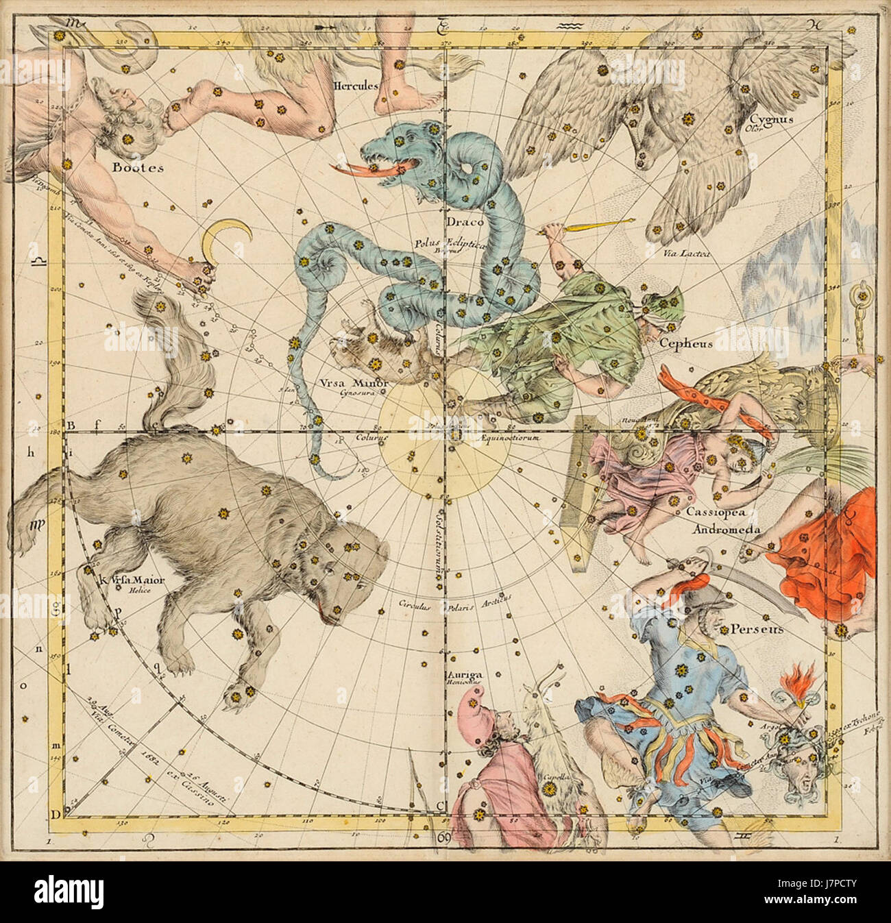 Cette carte céleste fournit une représentation détaillée du ciel nocturne, mettant en évidence les étoiles, les constellations et les corps célestes, ce qui aide à l'étude astronomique. Banque D'Images