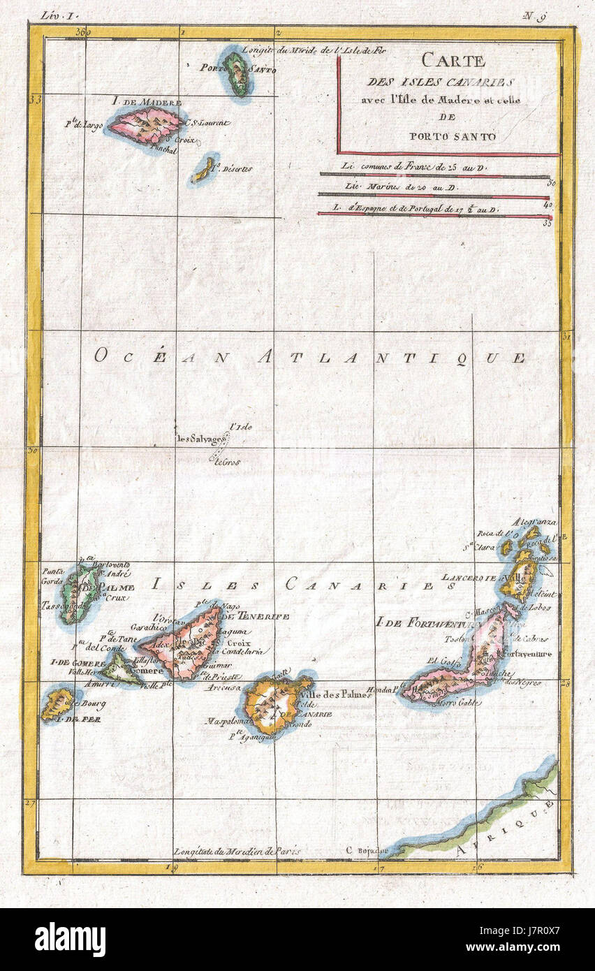 Cette carte, créée par Raynal et bonne en 1780, représente les îles Canaries avec une cartographie détaillée. Il reflète la connaissance géographique de l'époque, mettant en évidence les positions et caractéristiques des îles dans l'océan Atlantique. Banque D'Images
