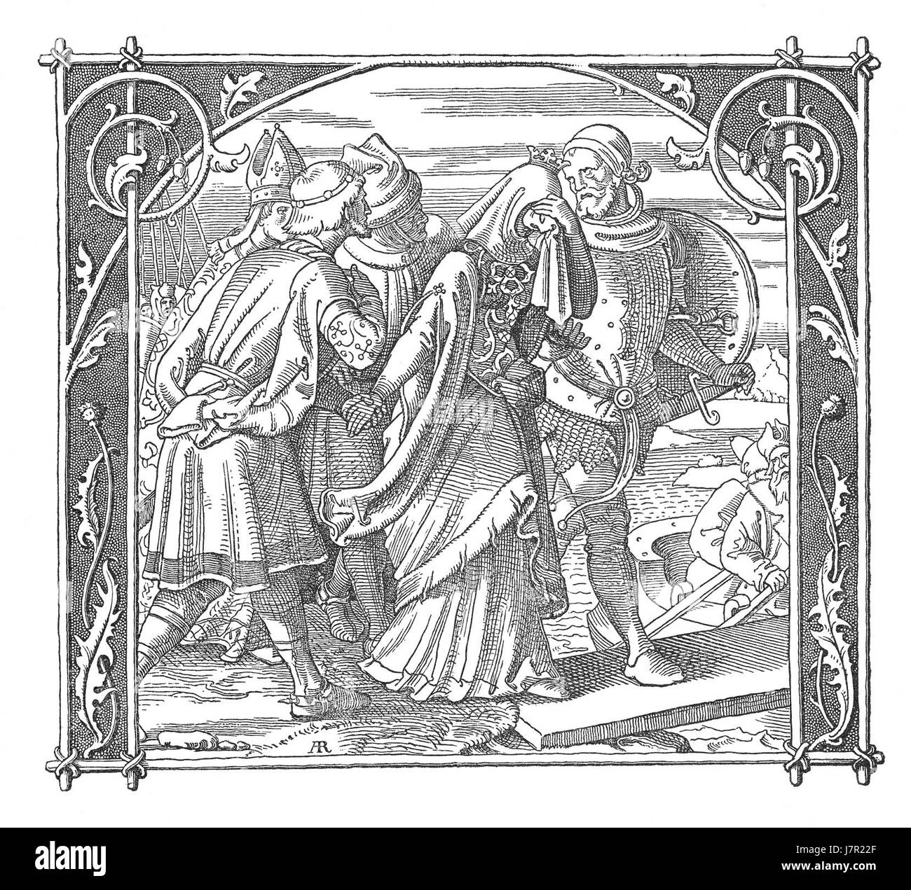 « Die Nibelungen » d'Alfred Rethel représente les adieux de Kriemhild, un moment emblématique de l'épopée germanique. L'illustration capture l'intensité émotionnelle de la scène, en se concentrant sur les thèmes de la perte et du destin. Banque D'Images