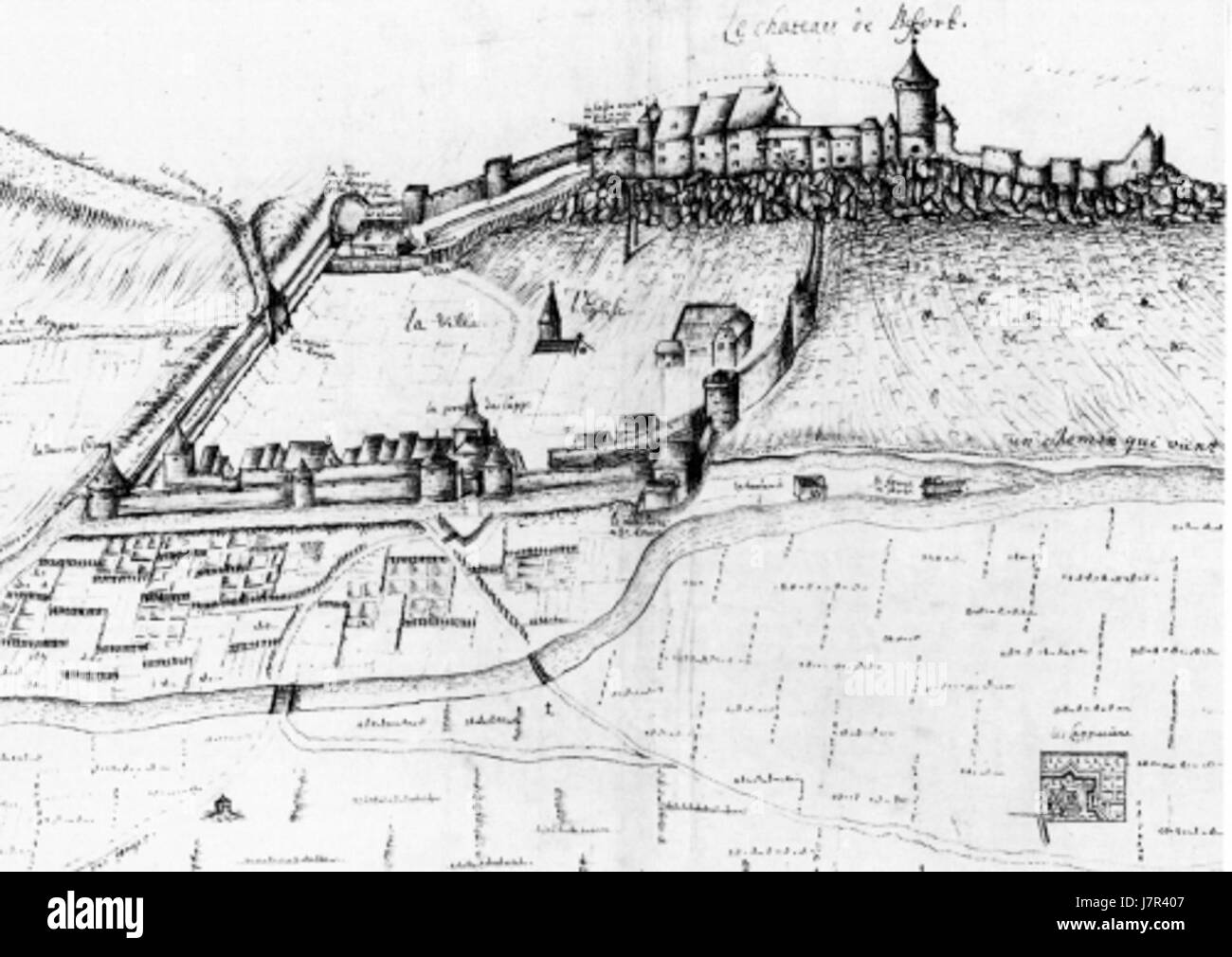 Belfort est une ville du nord-est de la France, connue pour ses fortifications et son importance historique pendant la guerre franco-prussienne. Le titre fait référence à des événements ou des documents de l'année 1675, marquant son histoire pendant la période de changement militaire et politique dans la région. Banque D'Images
