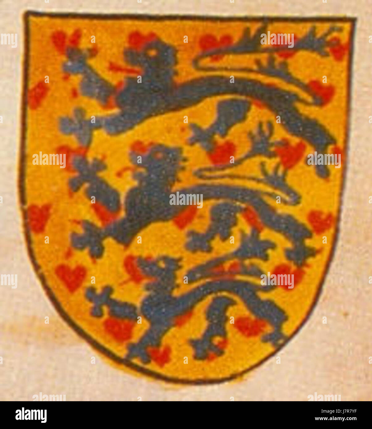Les armoiries nationales du Danemark, représentant trois lions bleus passants sur un bouclier d'or, entrecoupés de neuf cœurs rouges, surmontés d'une couronne royale, symbolisant la souveraineté et le patrimoine de la nation. Banque D'Images