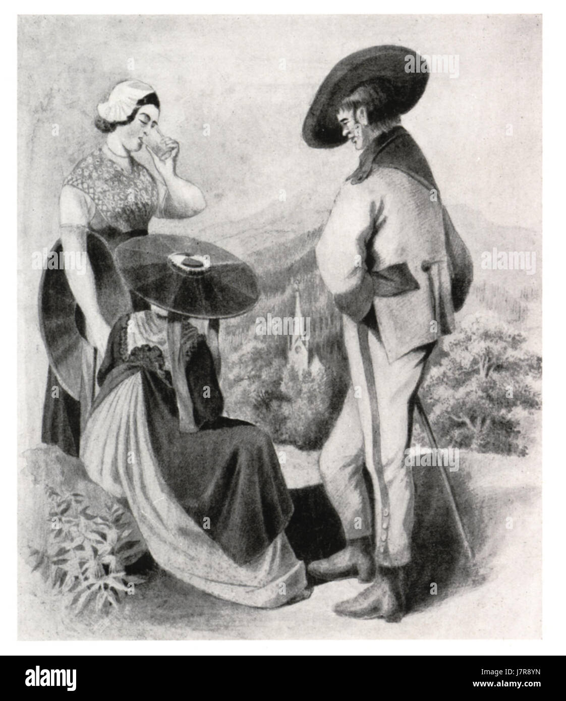 Cette aquarelle de K. Mayr de 1875 représente des vêtements traditionnels (Trachten) des régions de Hirschegg et Pack. L'œuvre d'art capture la tenue vestimentaire régionale, reflétant les coutumes culturelles et l'importance de la tenue vestimentaire traditionnelle dans ces régions d'Europe. Banque D'Images Cette aquarelle de K. Mayr de 1875 représente des vêtements traditionnels (Trachten) des régions de Hirschegg et Pack. L'œuvre d'art capture la tenue vestimentaire régionale, reflétant les coutumes culturelles et l'importance de la tenue vestimentaire traditionnelle dans ces régions d'Europe. Banque D'Images