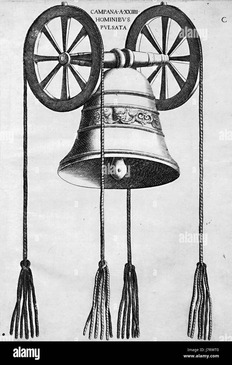 Le 'Campana a XXIIII hominibus pulsata' fait référence à une cloche frappée par vingt-quatre hommes, peut-être dans un contexte rituel ou cérémoniel. Cela pourrait concerner des pratiques historiques dans de grandes communautés ou des contextes religieux. Banque D'Images