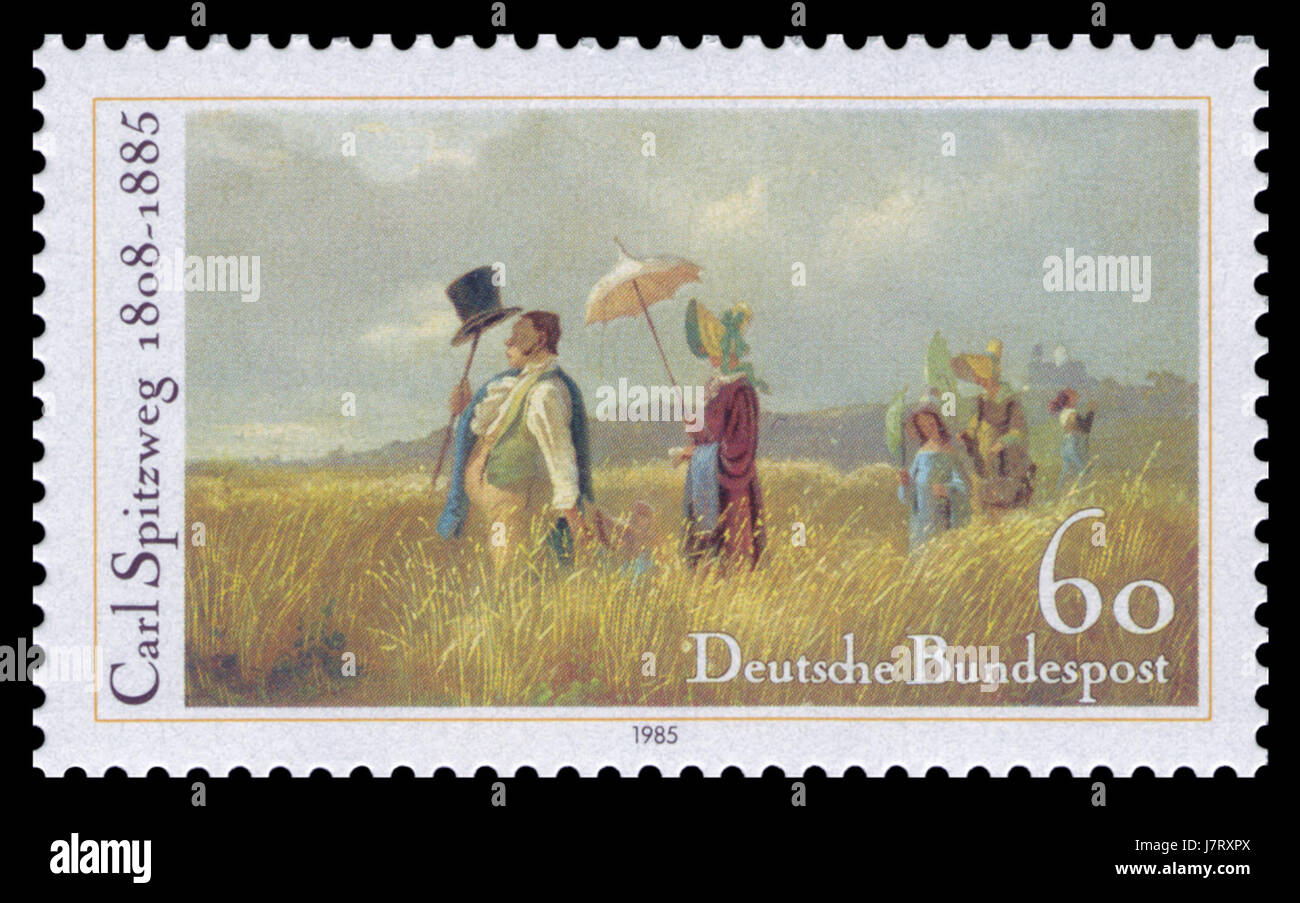 'Sonntagsspaziergang' (promenade du dimanche) de Carl Spitzweg, créé en 1985, est un tableau renommé représentant une promenade tranquille à travers un paysage. La pièce capture l'essence de la vie et de la culture du XIXe siècle à travers une représentation sereine des moments de la vie quotidienne. Banque D'Images