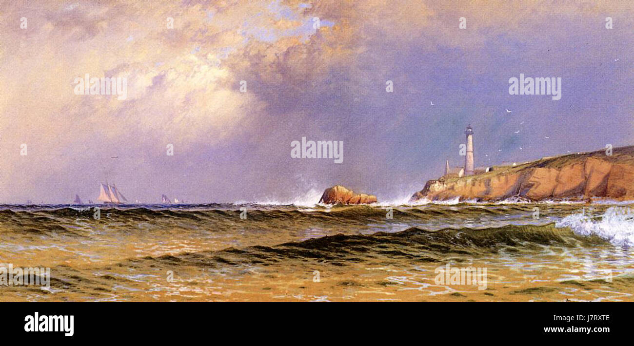 Cette œuvre d'Alfred T. Bricher représente une scène côtière avec un phare, capturant la sérénité et la beauté naturelle de la mer. Les œuvres de Bricher sont connues pour leurs paysages marins détaillés et leurs qualités atmosphériques, typiques de la peinture paysagère américaine du XIXe siècle. Banque D'Images