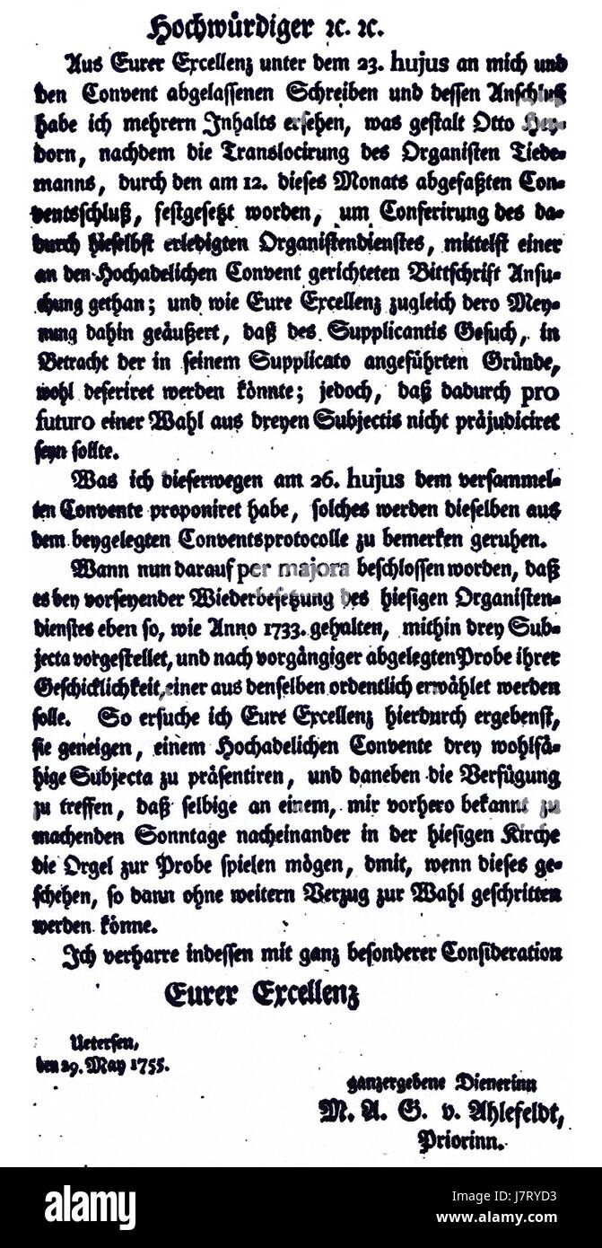 Bref Marie Antoinette von Ahlefeldt von zur Wahl des Organisten der Klosterkirche Uetersen 1755 Banque D'Images