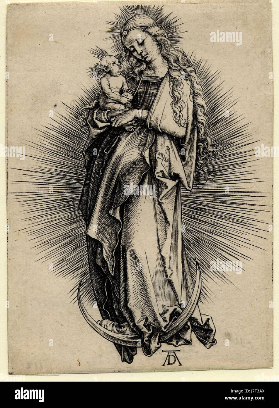 Cette œuvre représente la Vierge Marie tenant l'enfant Jésus debout sur un croissant de lune, une iconographie religieuse commune représentant la pureté et la protection divine. Banque D'Images