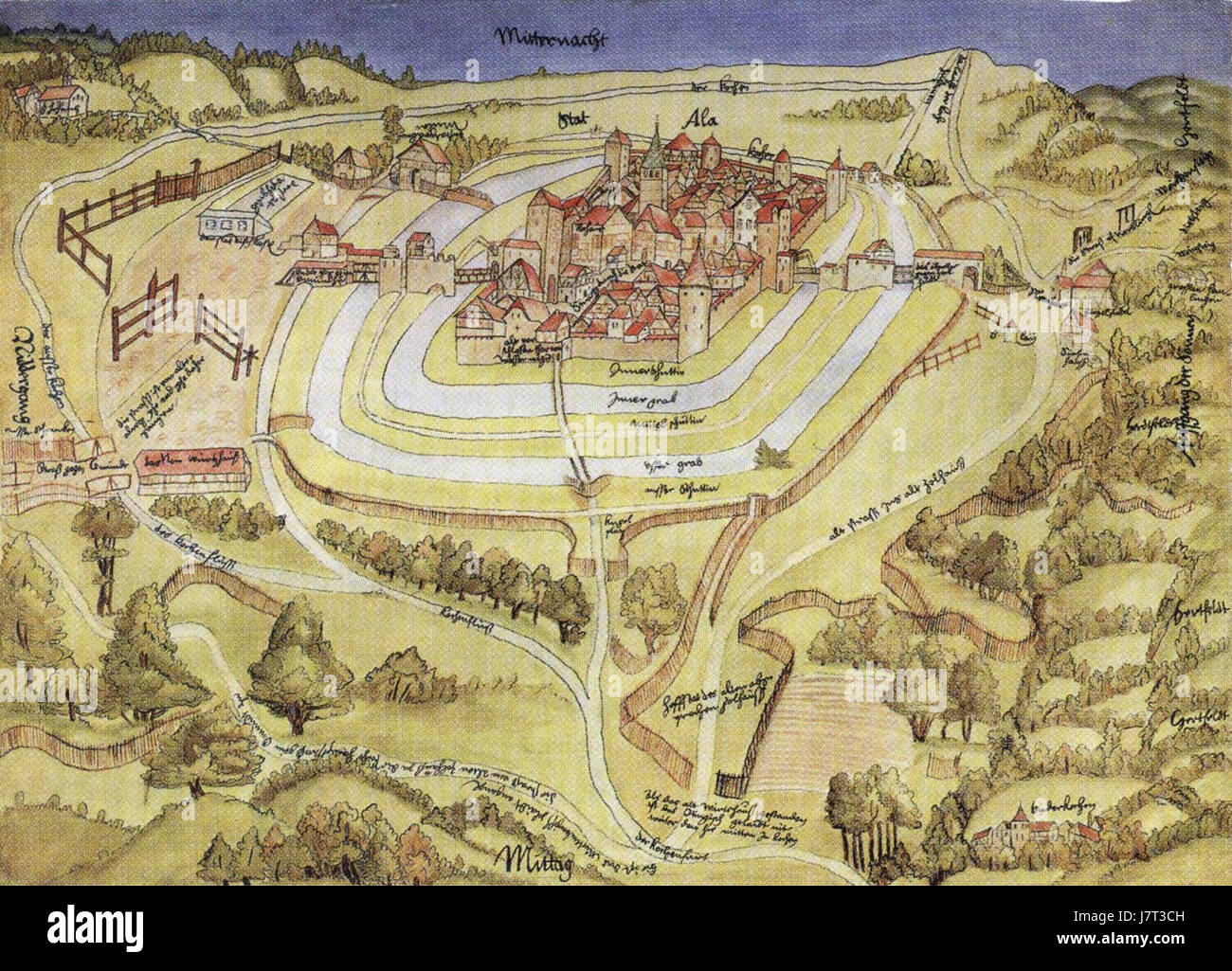 Une carte de 1528 d'Aalen, illustrant le tracé historique et les caractéristiques géographiques de cette ville en Allemagne au XVIe siècle. Banque D'Images