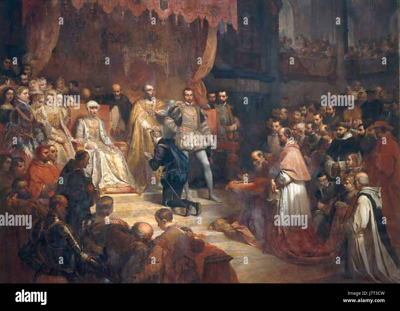 Abdication de Charles Quint est une peinture de Louis Gallait, représentant le moment où l'empereur Charles V du Saint-Empire romain germanique abdiqua en faveur de son fils, Philippe II d'Espagne, en 1556. Banque D'Images