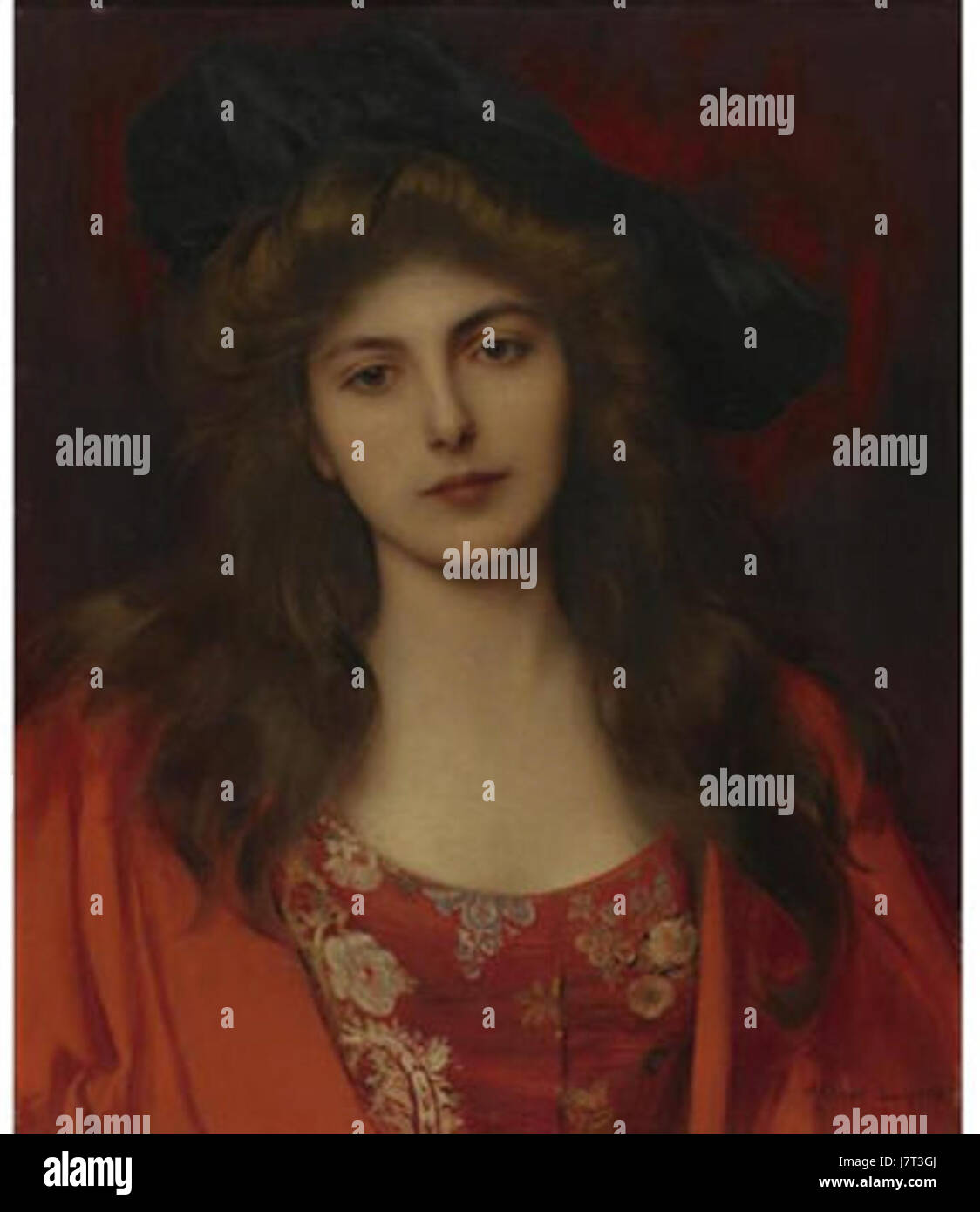 « The Red Brocade » d'Albert Lynch représente le portrait d'une femme vêtue d'une tenue élégante, mettant en valeur la mode et le style artistique du XIXe siècle. Banque D'Images