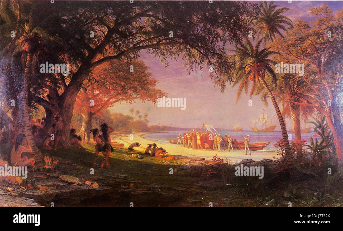 Le tableau d'Albert Bierstadt 'le débarquement de Colomb' représente le moment historique où Christophe Colomb est arrivé aux Amériques. L'œuvre d'art capture la grandeur et la signification de cet événement dans l'histoire de l'exploration. Banque D'Images