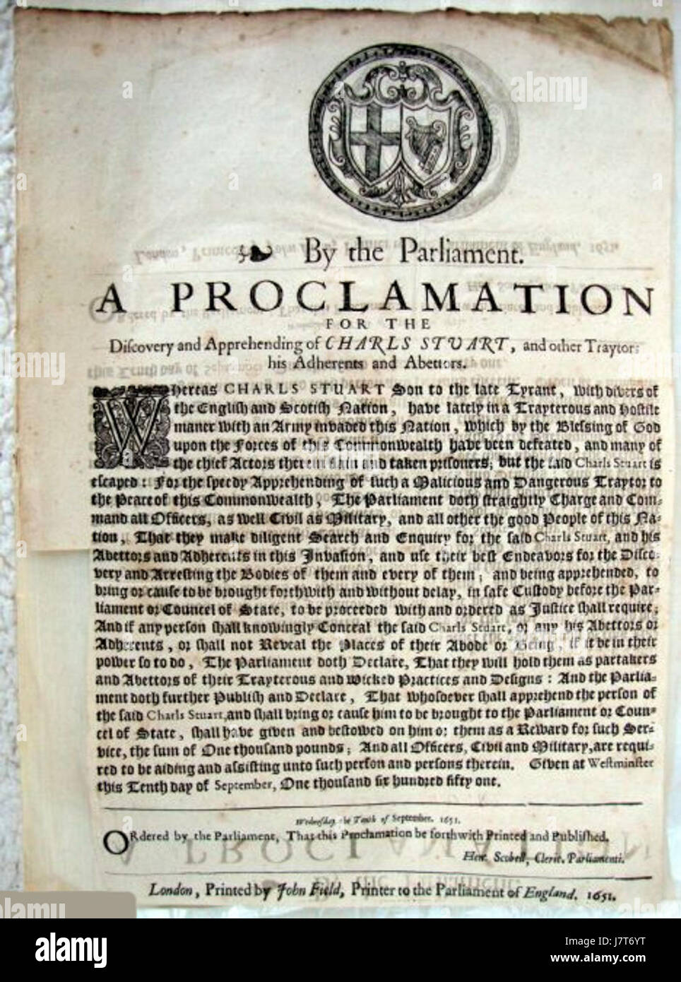 Il s'agit d'une affiche originale de recherche pour Charles II, faisant référence à son statut de fugitif ou de cible pendant la période de l'histoire anglaise. Banque D'Images