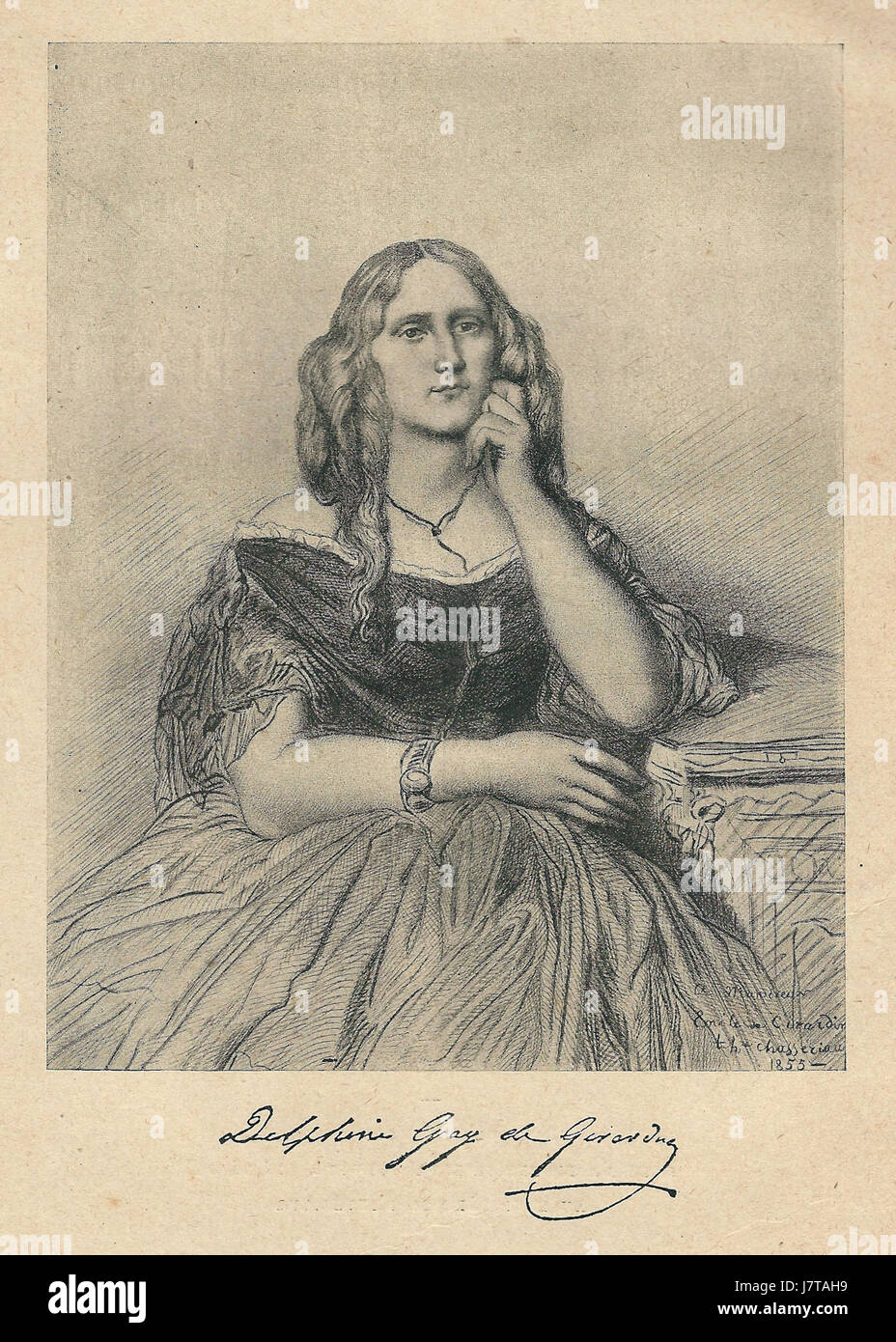 Cette gravure représente Delphine Gay, écrivain et poète français du XIXe siècle. L'estampe saisit sa ressemblance et est une représentation historique de son image sous la forme artistique d'une gravure. Banque D'Images