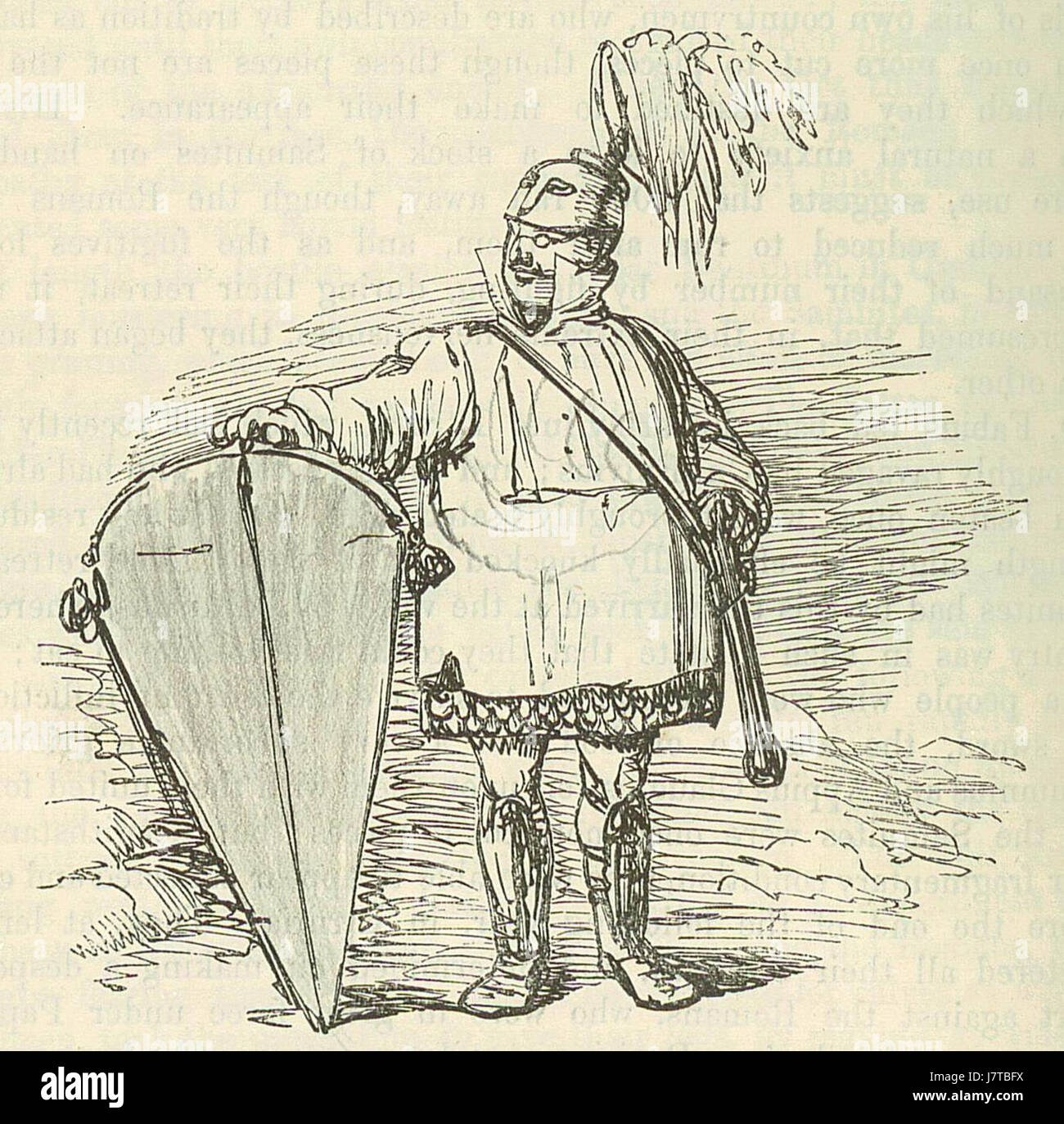 Cette illustration tirée de l'histoire comique de Rome représente un soldat samnite, faisant référence aux anciens Samnites qui ont combattu contre Rome aux IVe et IIIe siècles av. J.-C.. Le livre présente les événements historiques dans un format humoristique et comique, offrant un regard léger sur l'histoire romaine. Banque D'Images