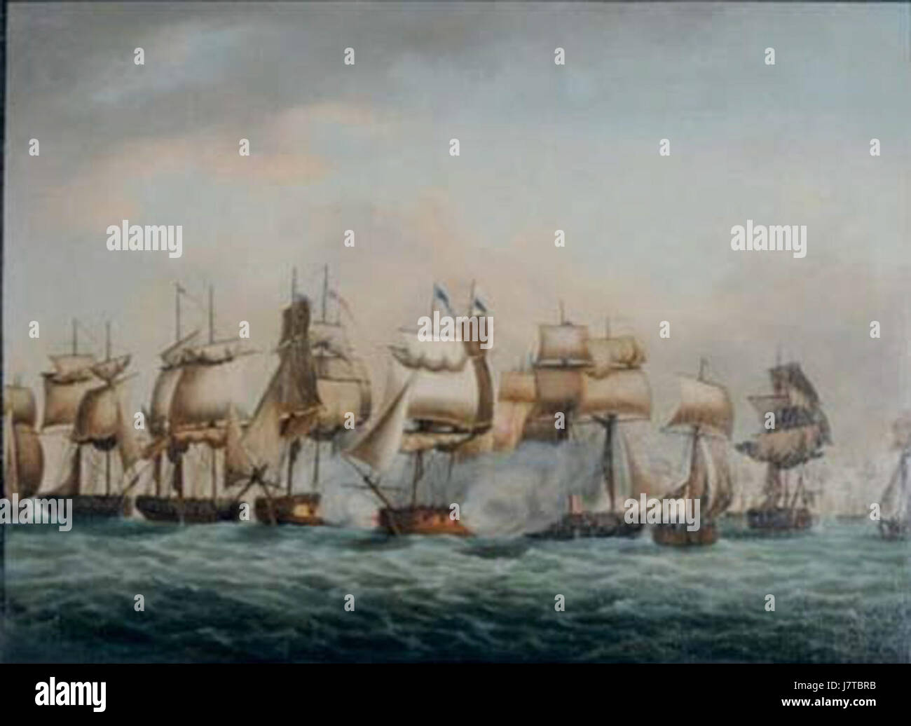 La bataille du lac Érié de Hugh Reinagle décrit la célèbre bataille navale de la guerre de 1812, illustrant le conflit entre les forces américaines et britanniques pour le contrôle du lac Érié. La peinture capture l'intensité de la bataille navale. Banque D'Images