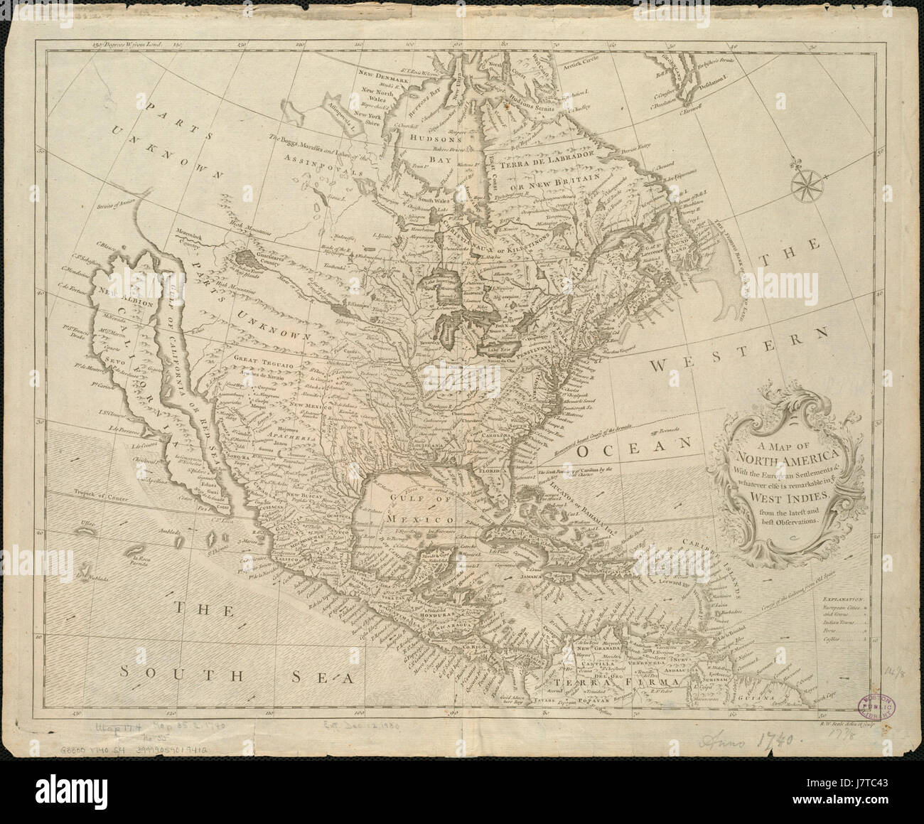 Cette carte historique de l'Amérique du Nord présente des colonies européennes et d'autres monuments importants dans les Antilles. Créée à partir des dernières observations de l'époque, la carte met en évidence les territoires coloniaux, les routes commerciales et les caractéristiques géographiques, fournissant un aperçu des premières explorations et de l'influence européenne dans les Amériques. Banque D'Images